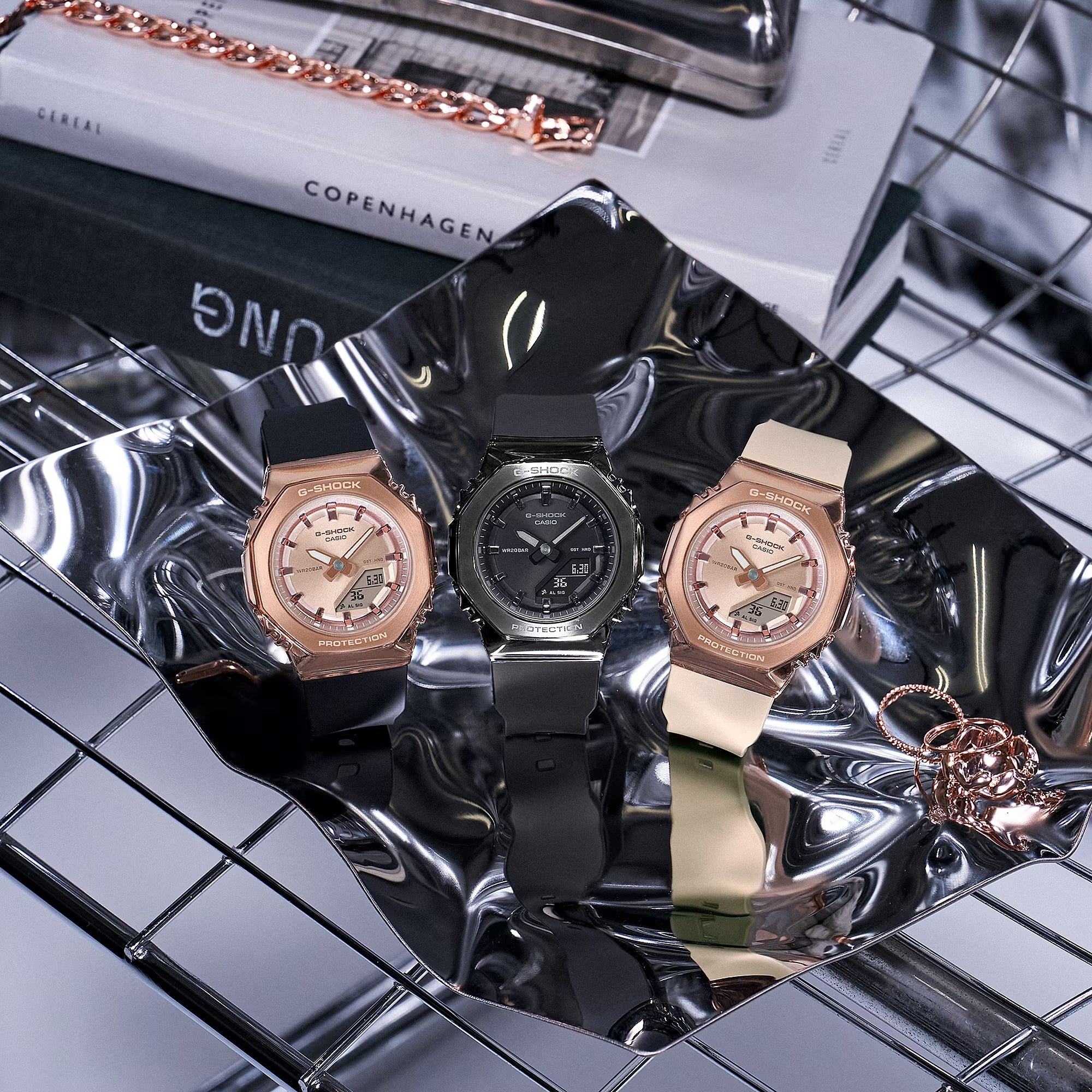 Casio G-Shock Analog-Digital Pink Gold-Tone Dial Black Resin Strap Watch - GMS2110PG-1A4