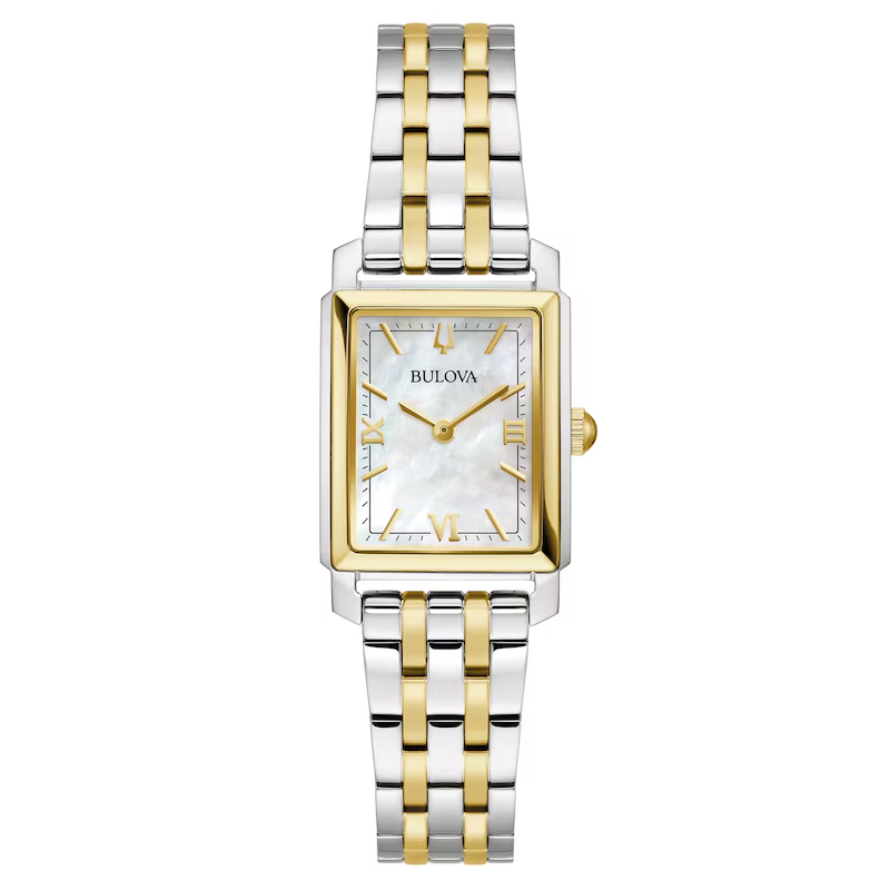 Ladies' Bulova Sutton Two-Tone Watch with Rectangular Mother-of-Pearl Dial (Model: 98L308)