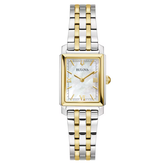 Ladies' Bulova Sutton Two-Tone Watch with Rectangular Mother-of-Pearl Dial (Model: 98L308)