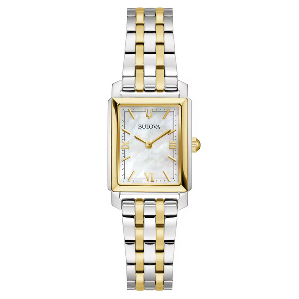 Ladies' Bulova Sutton Two-Tone Watch with Rectangular Mother-of-Pearl Dial (Model: 98L308)