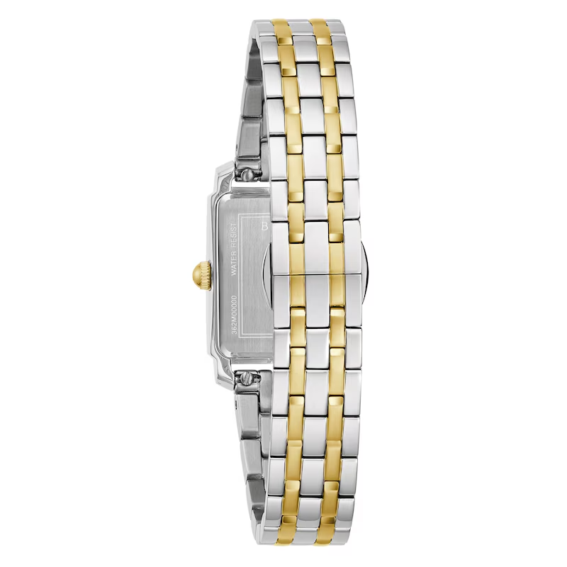 Ladies' Bulova Sutton Two-Tone Watch with Rectangular Mother-of-Pearl Dial (Model: 98L308)