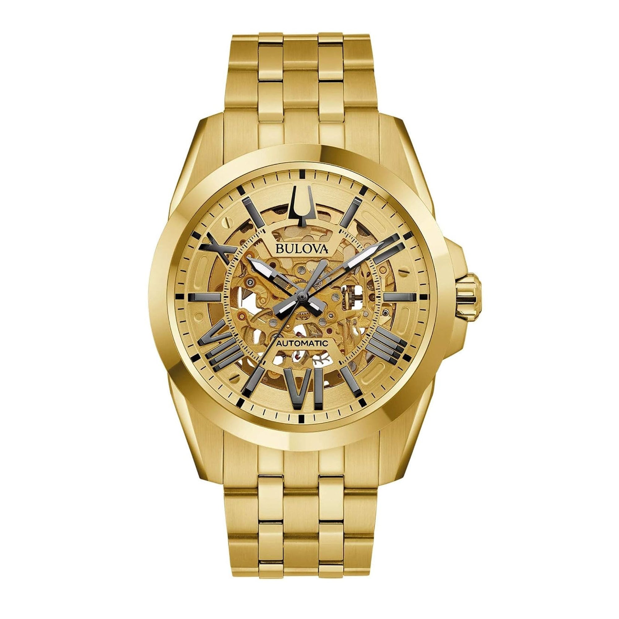 Men's Bulova Sutton Automatic Gold-Tone Watch with Gold-Tone Skeleton Dial (Model: 97A162)