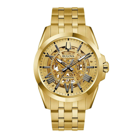 Men's Bulova Sutton Automatic Gold-Tone Watch with Gold-Tone Skeleton Dial (Model: 97A162)
