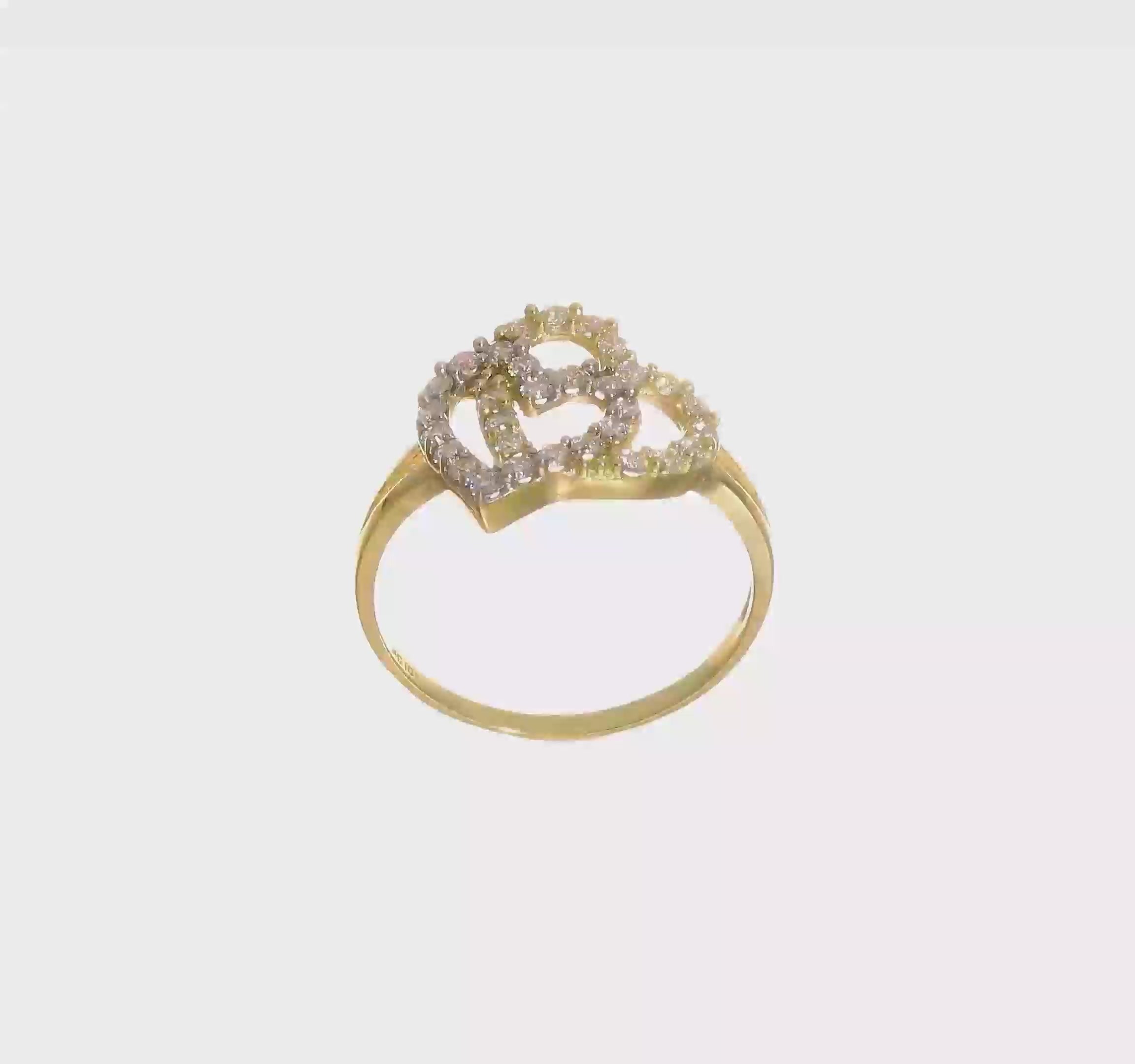 10KT Yellow Gold w/Rhodium Double Heart CZ Ring