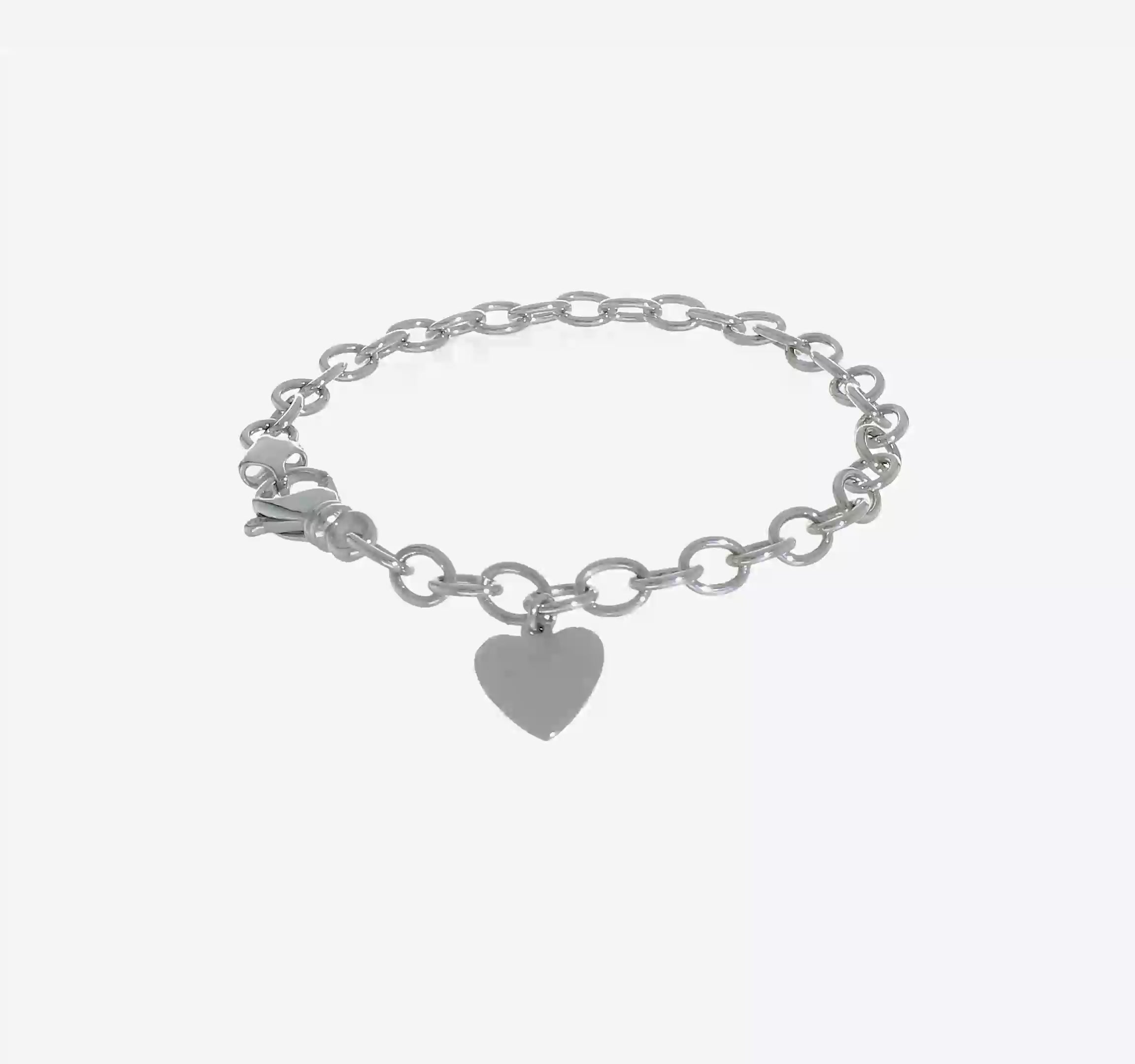 14kt White Gold 8.5 inch Polished Engravable Link with Heart Charm Bracelet