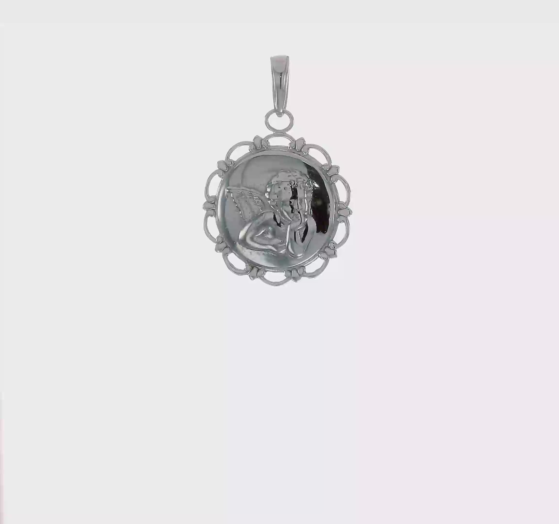 14kt White Gold Polished Angel/Cherub on Round Scallop Frame Pendant