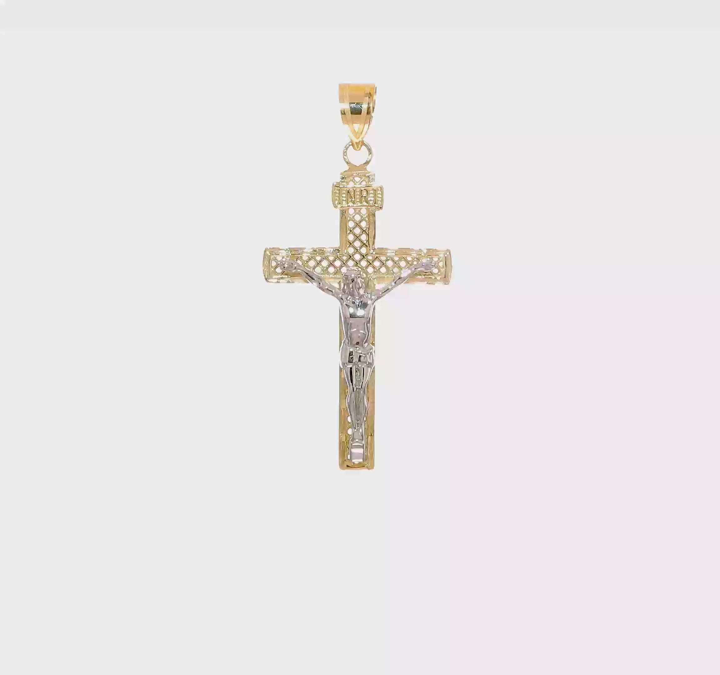10KT Two-tone D/C Large Block Lattice Cross w/Crucifix Pendant