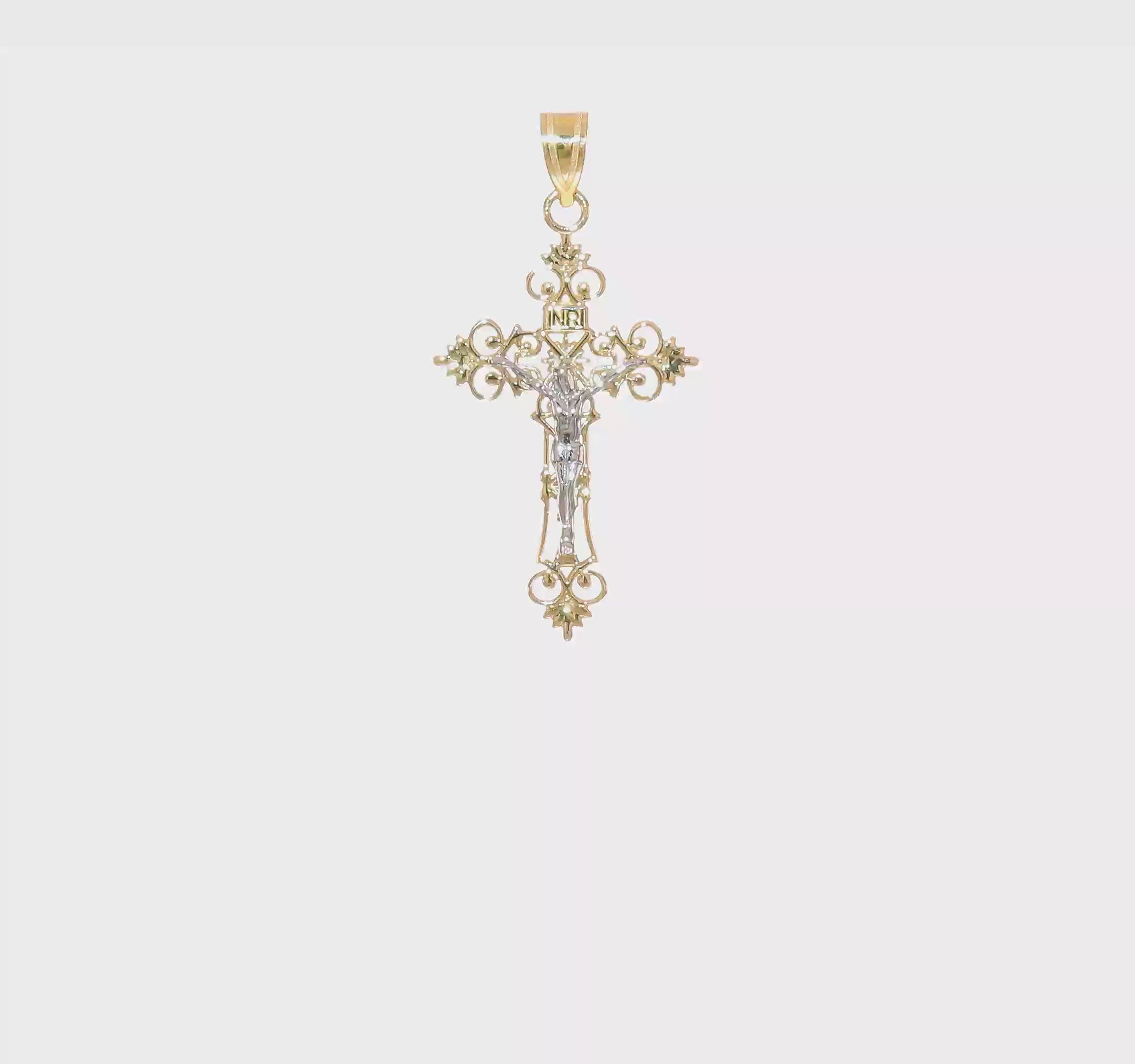 10KT Two-tone Medium Lacey-edged INRI Crucifix Pendant