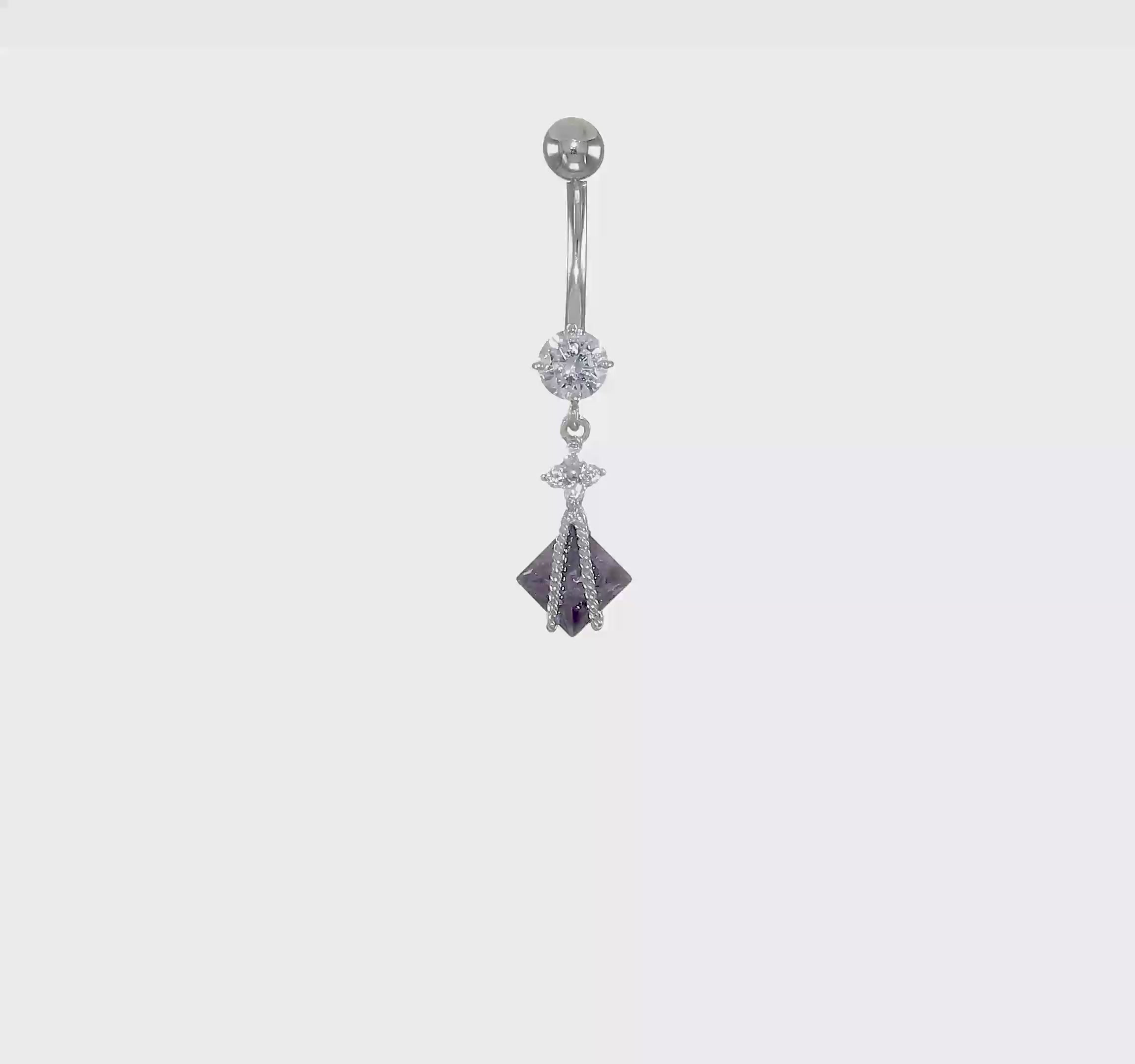 10kt White Gold Square Amethyst CZ Belly Dangle
