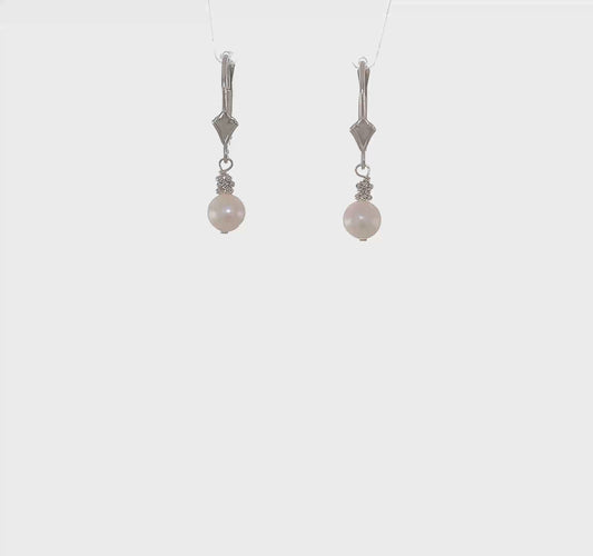 14kt White Gold 5-6mm White Semi-round Freshwater Cultured Pearl Dangle Leverback Earrings