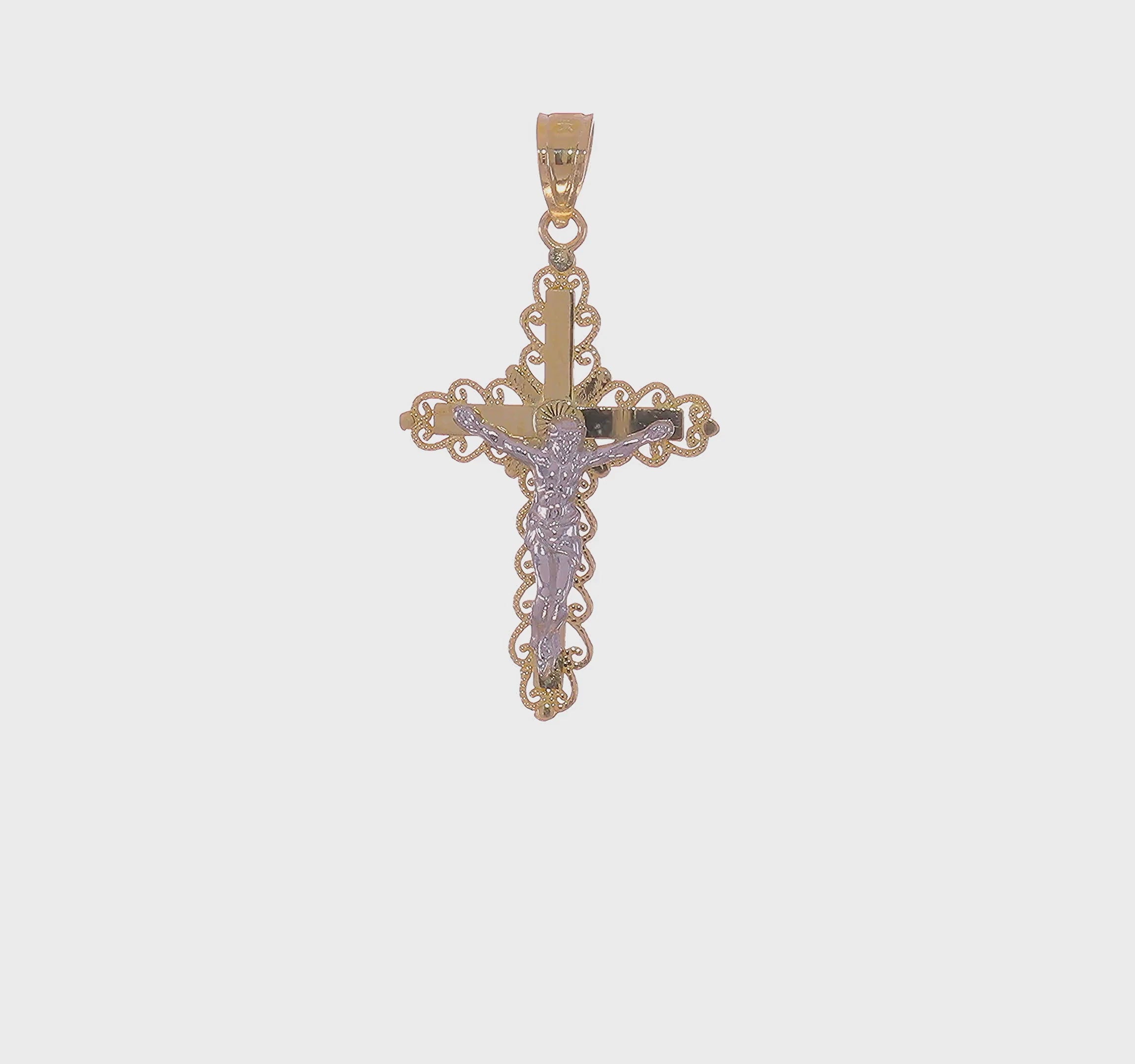 10kt Yellow Gold w/ Rhodium Filigree Crucifix Pendant