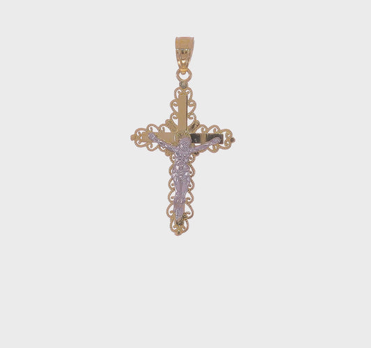 10kt Yellow Gold w/ Rhodium Filigree Crucifix Pendant
