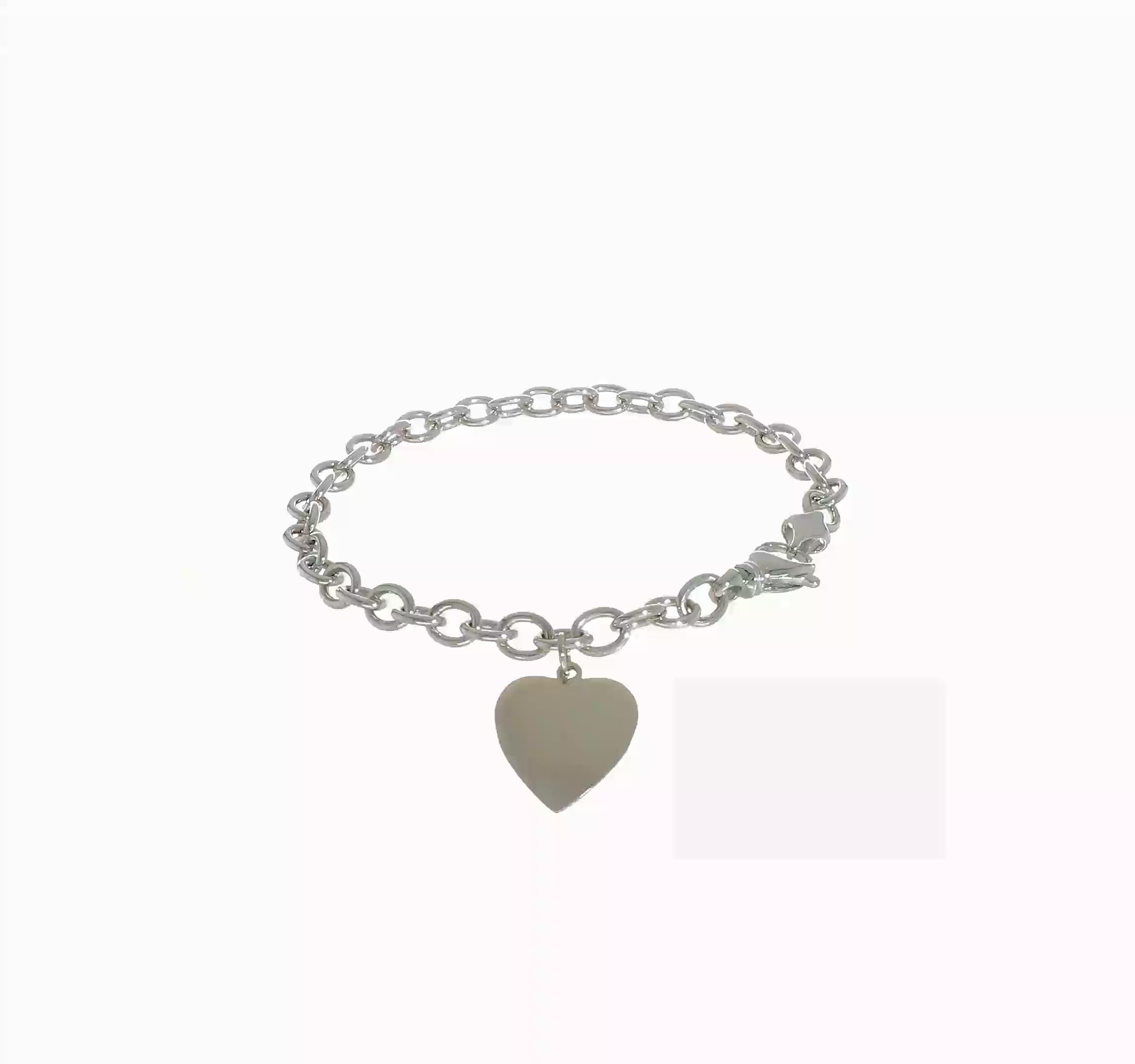 14kt White Gold 8.5 inch Polished Engravable Link with Heart Charm Bracelet