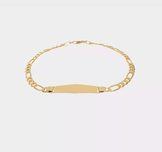 14kt Yellow Gold Polished Solid Chain/Solid Plate Figaro Link Soft Diamond Shape 24.5x7.3mm Plate 8 inch ID Bracelet