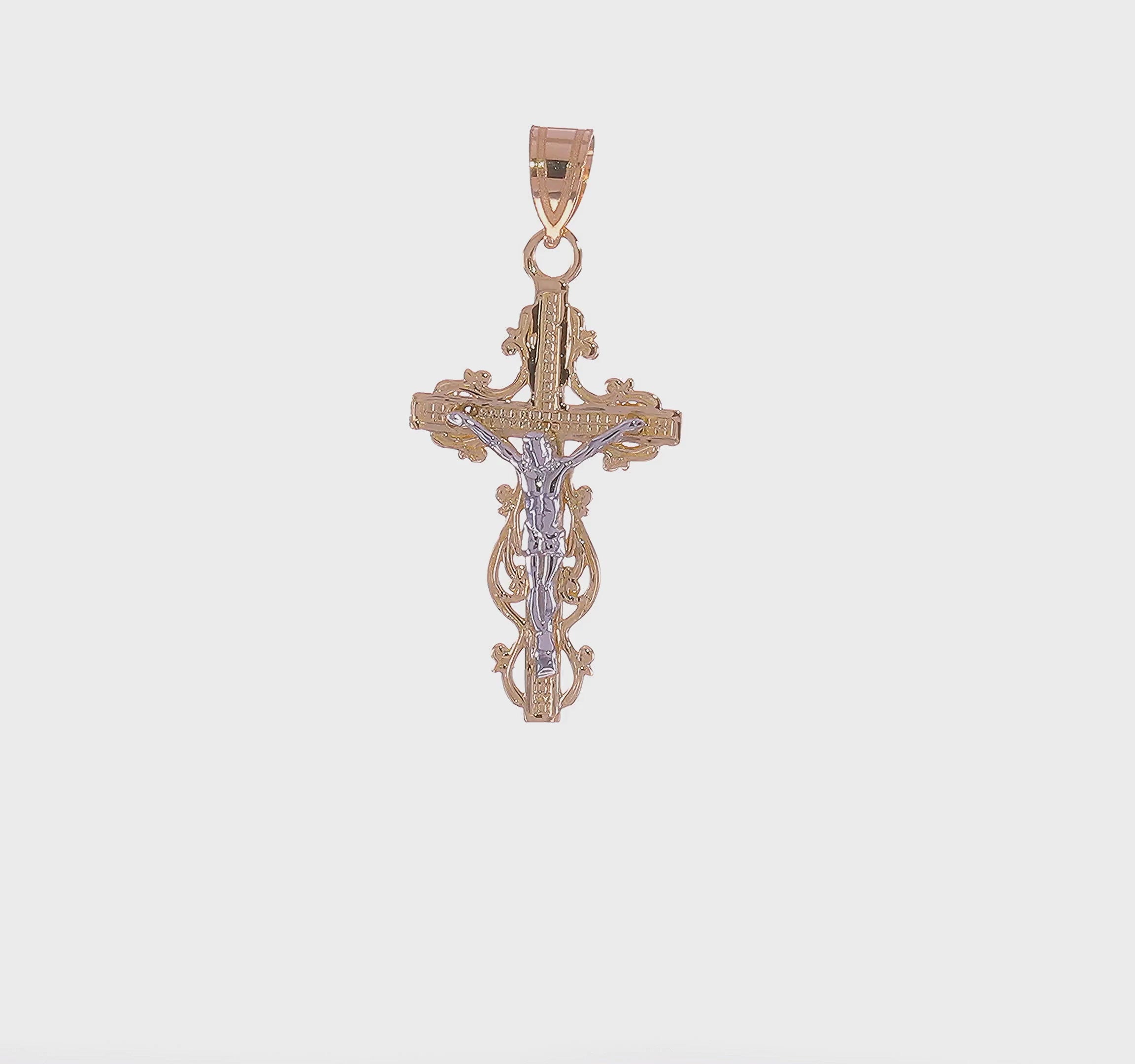14KT Two-tone Small Narrow Cross w/Crucifix Pendant