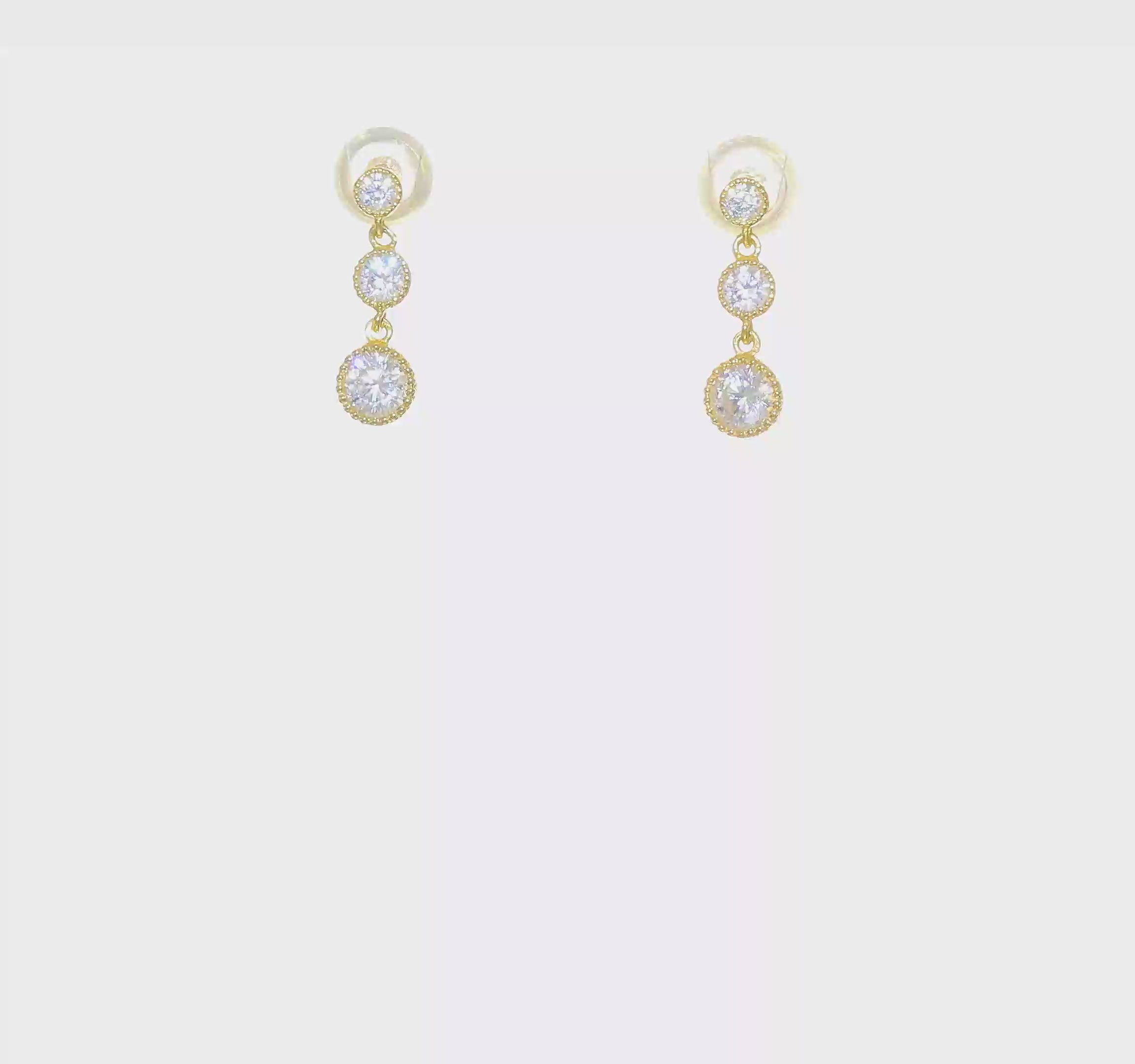 10KT Yellow Gold CZ 3 Stone Dangle Earrings