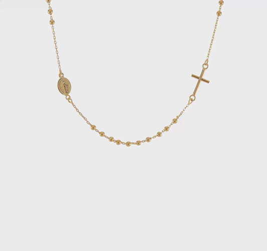 14kt Yellow Gold Polished Sideways Cross Beaded Rosary Style 16.5 inch Necklace