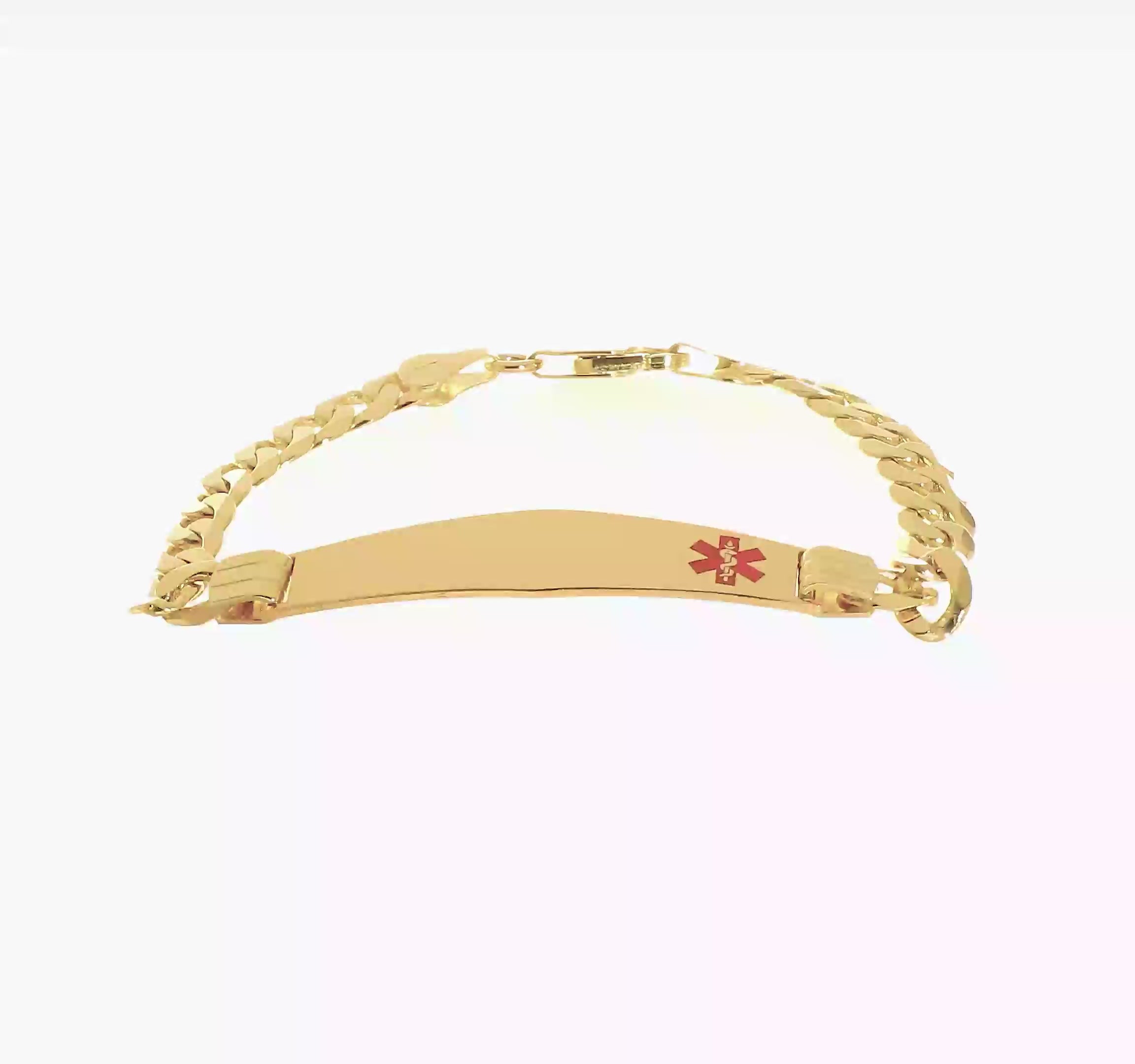 14KT Yellow Gold Medical Solid Chain/Solid Plate Soft Diamond Shape 38x9mm Off-Center Red Enamel Curb Link 7 inch ID Bracelet