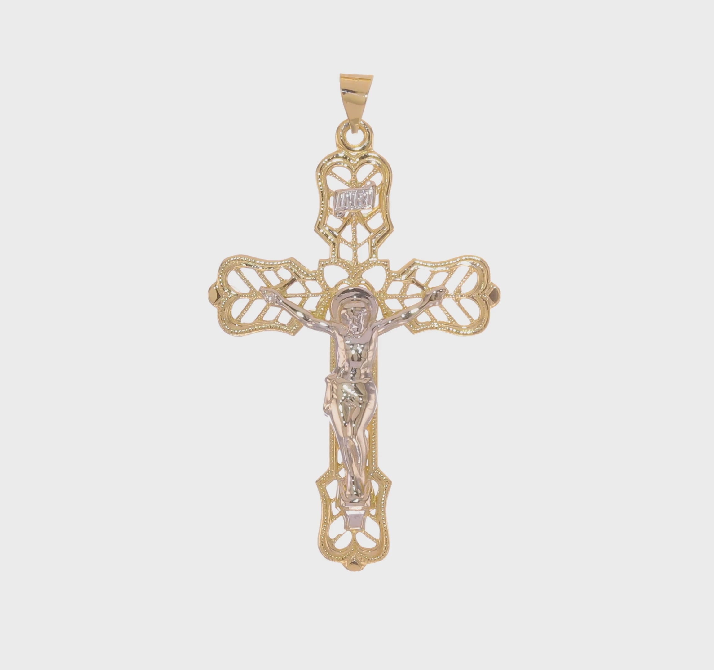 14kt Two-tone Solid INRI Filigree Crucifix Pendant