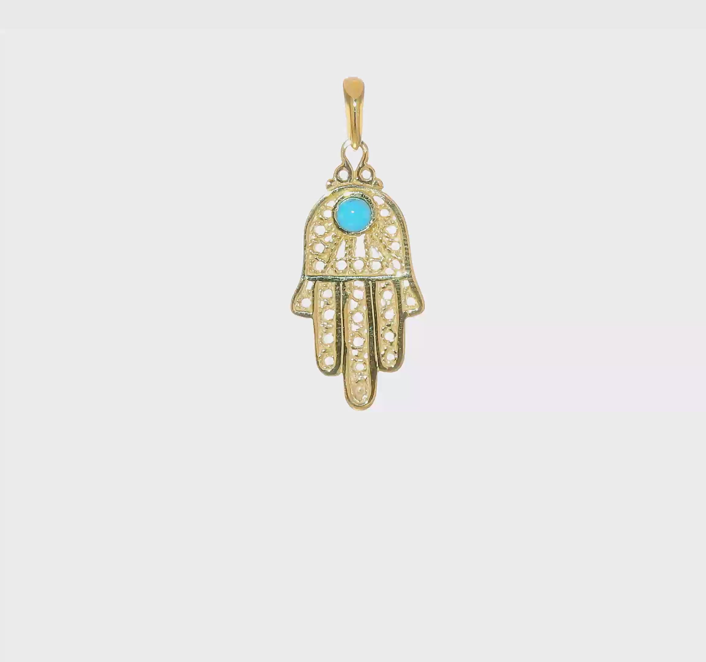 10kt Yellow Gold Turquoise Filigree Chamseh Pendant