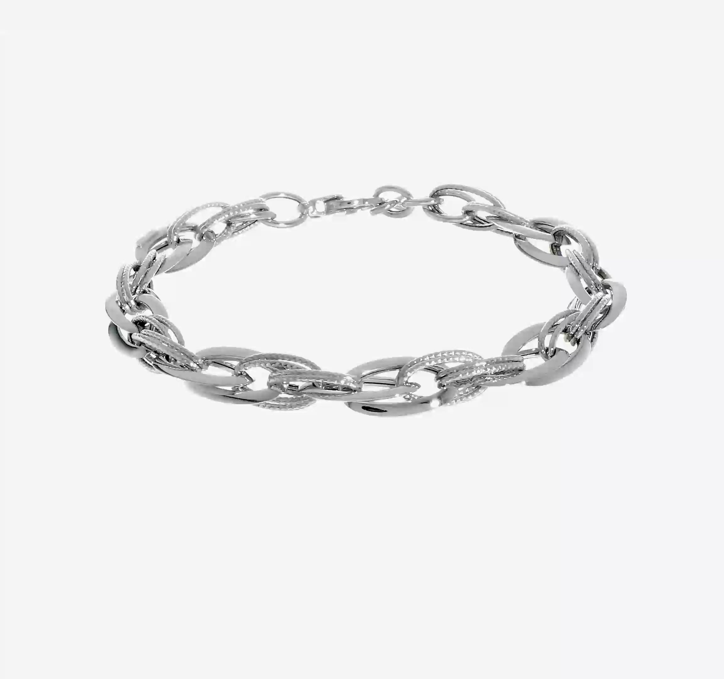 14kt White Gold Polished and Textured Fancy Link 8 inch Bracelet