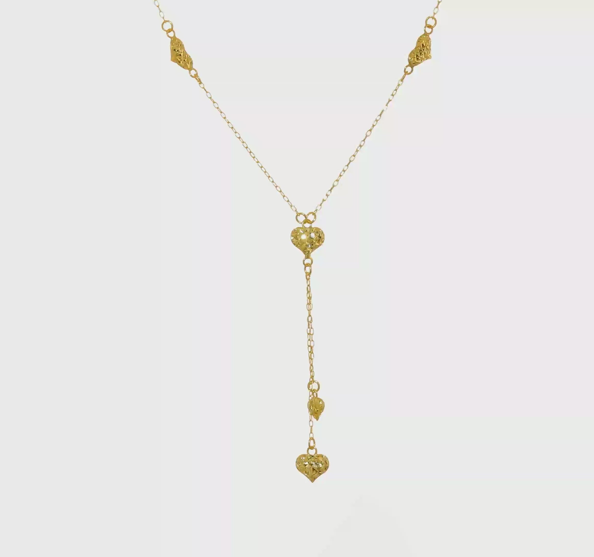 14kt Yellow Gold Polished Diamond-cut Puffed Hearts w/2in Ext. Y-Necklace