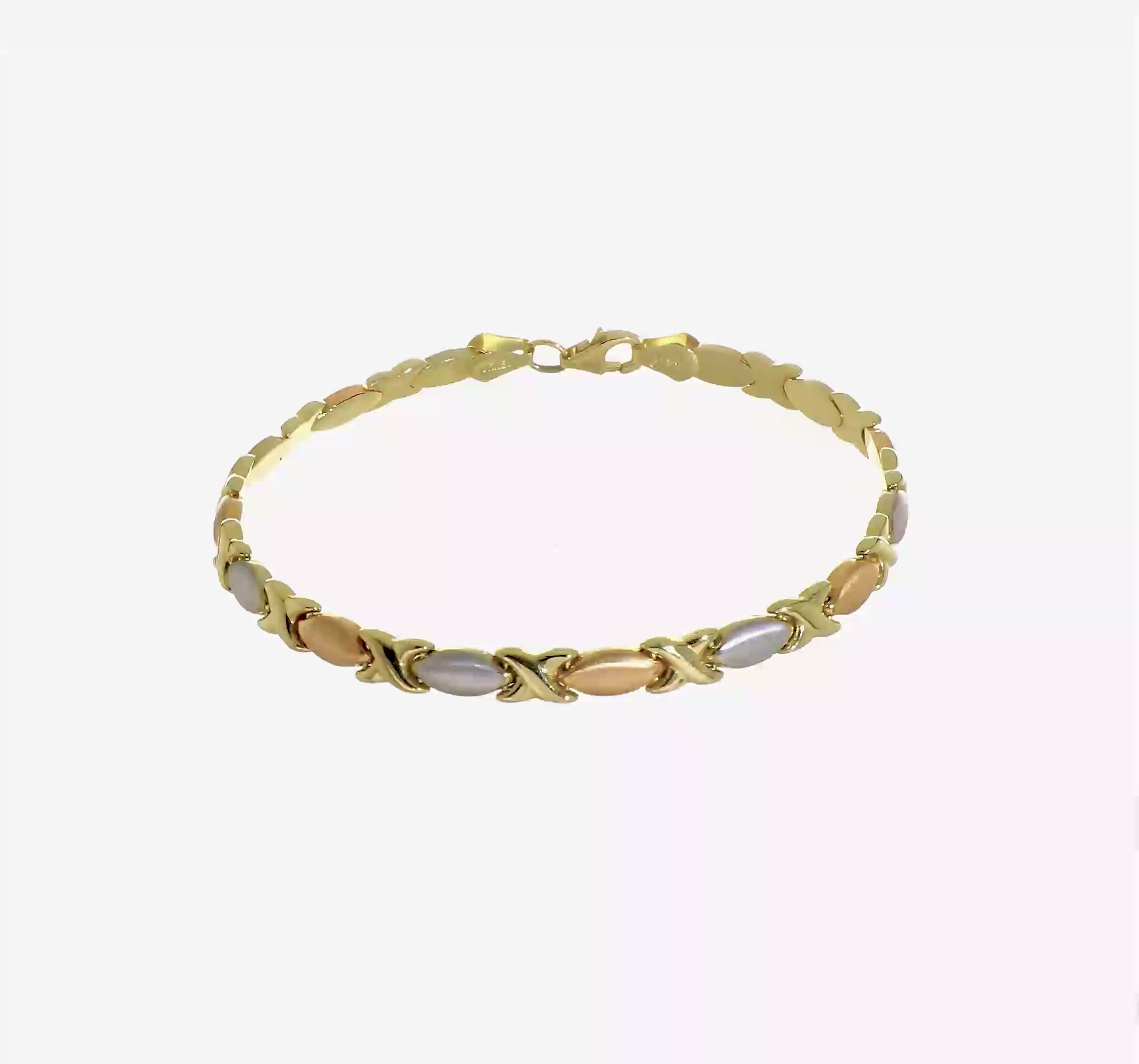 14KT Yellow Gold w/White and Rose Gold-plating Polished and Brushed X Bracelet