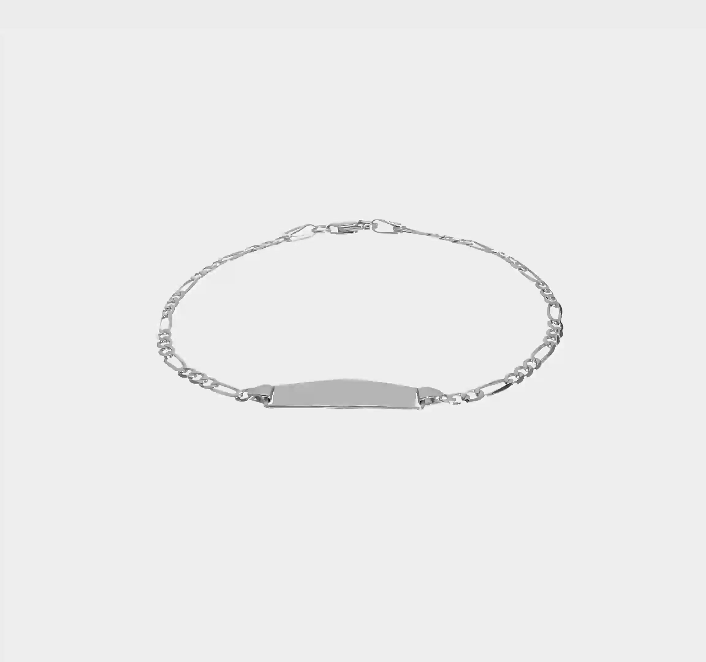 14kt White Gold Polished Solid Chain/Solid Plate Figaro Link Soft Diamond Shape 19.5x5.5mm Plate 7 inch ID Bracelet
