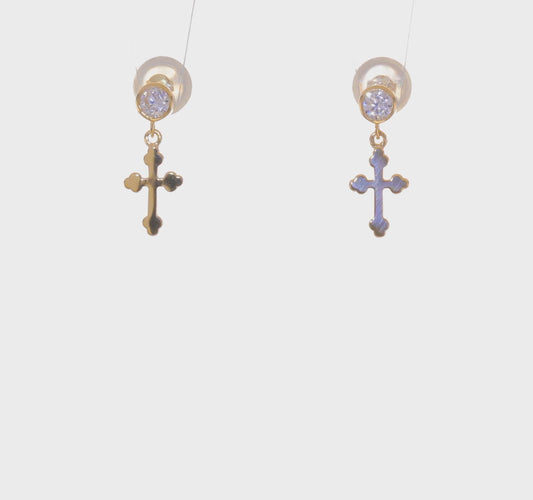 14kt Yellow Gold Madi K CZ Children's Cross Dangle Post Earrings