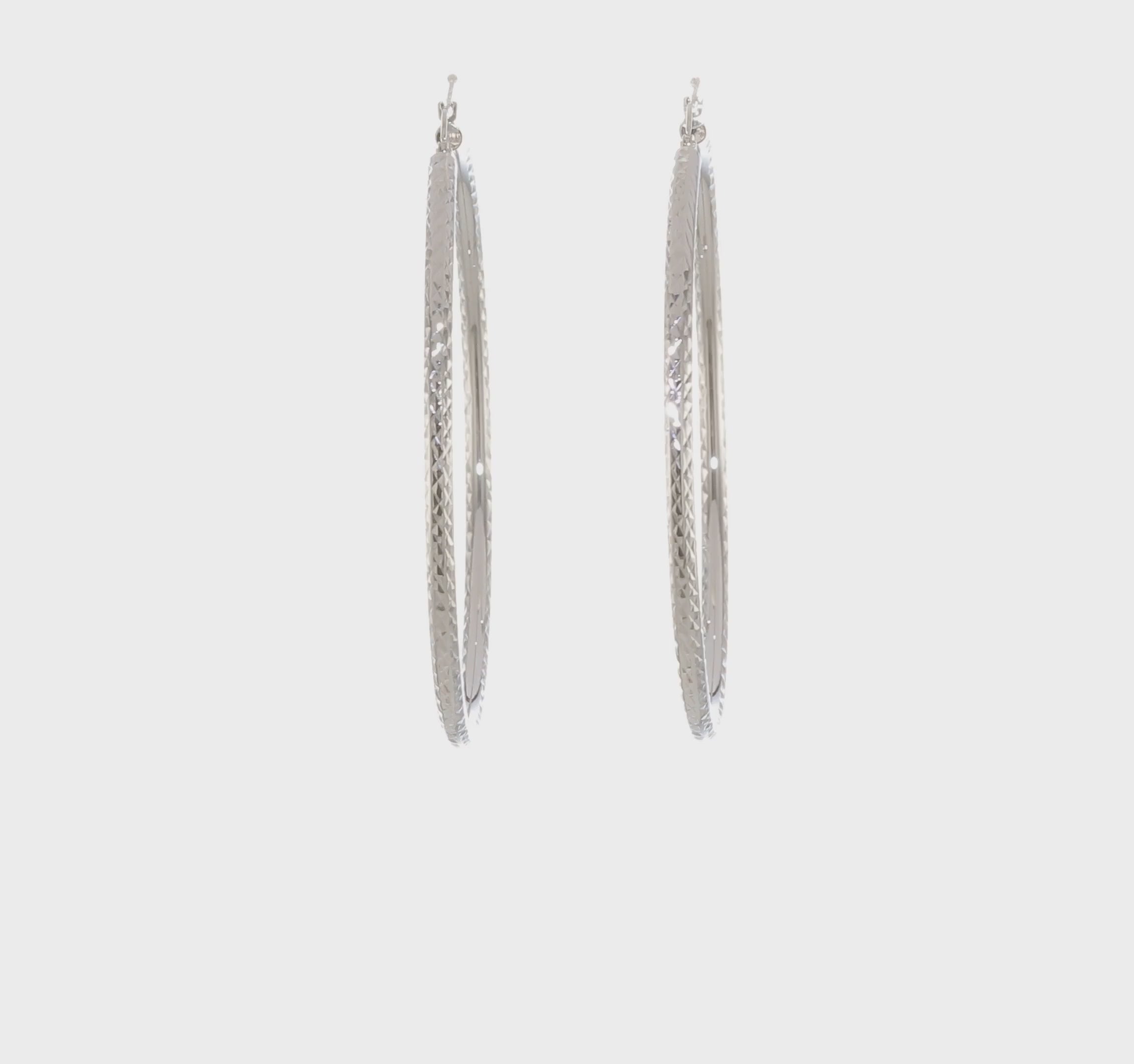 14kt White Gold Diamond-cut 3mm Round Hoop Earrings