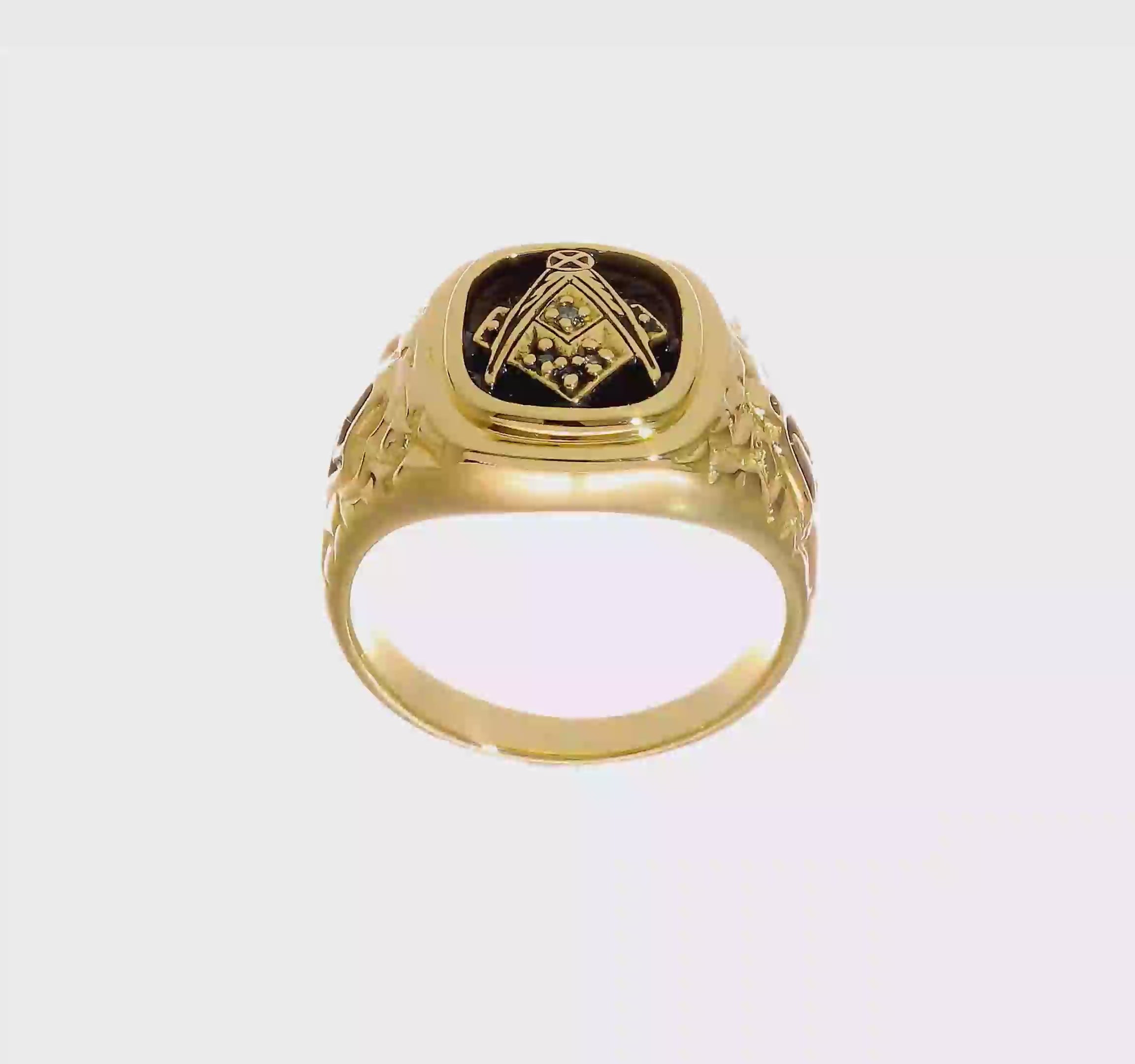 14kt Yellow Gold Polished, Antiqued and Nugget Texture AA Quality Diamond Masonic Ring