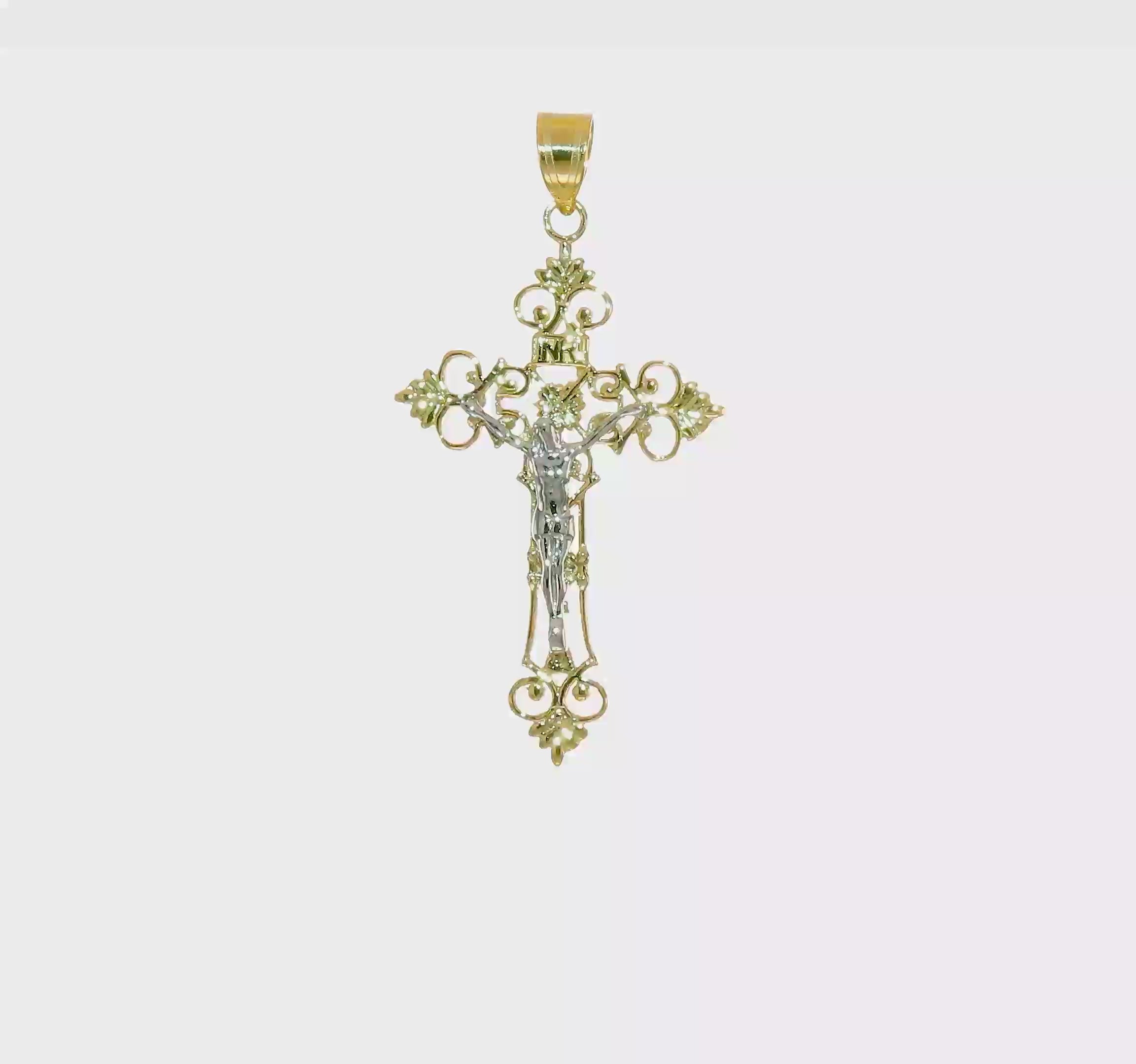 10KT Two-tone Large Lacey-edged INRI Crucifix Pendant