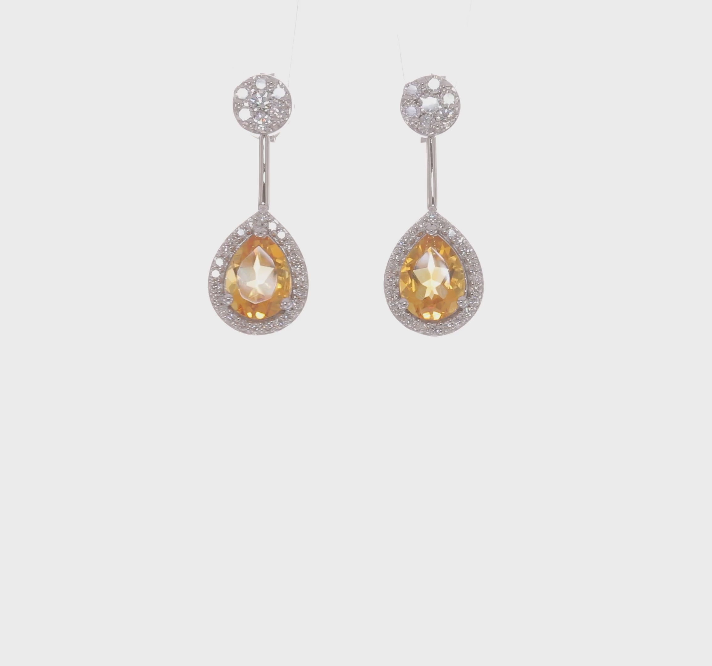 14kt White Gold Diamond/Pear Citrine Front/Back Earrings