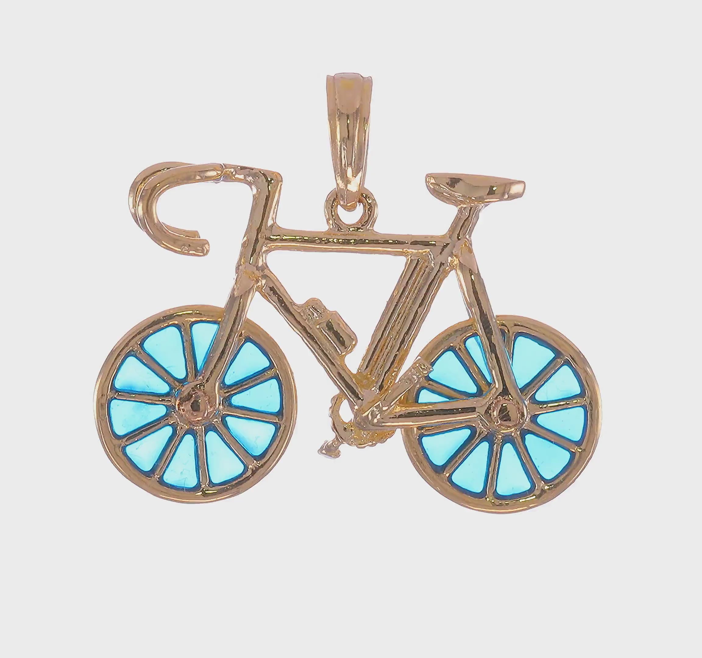 14KT Yellow Gold 3-D Blue Enameled Moveable Bicycle Pendant
