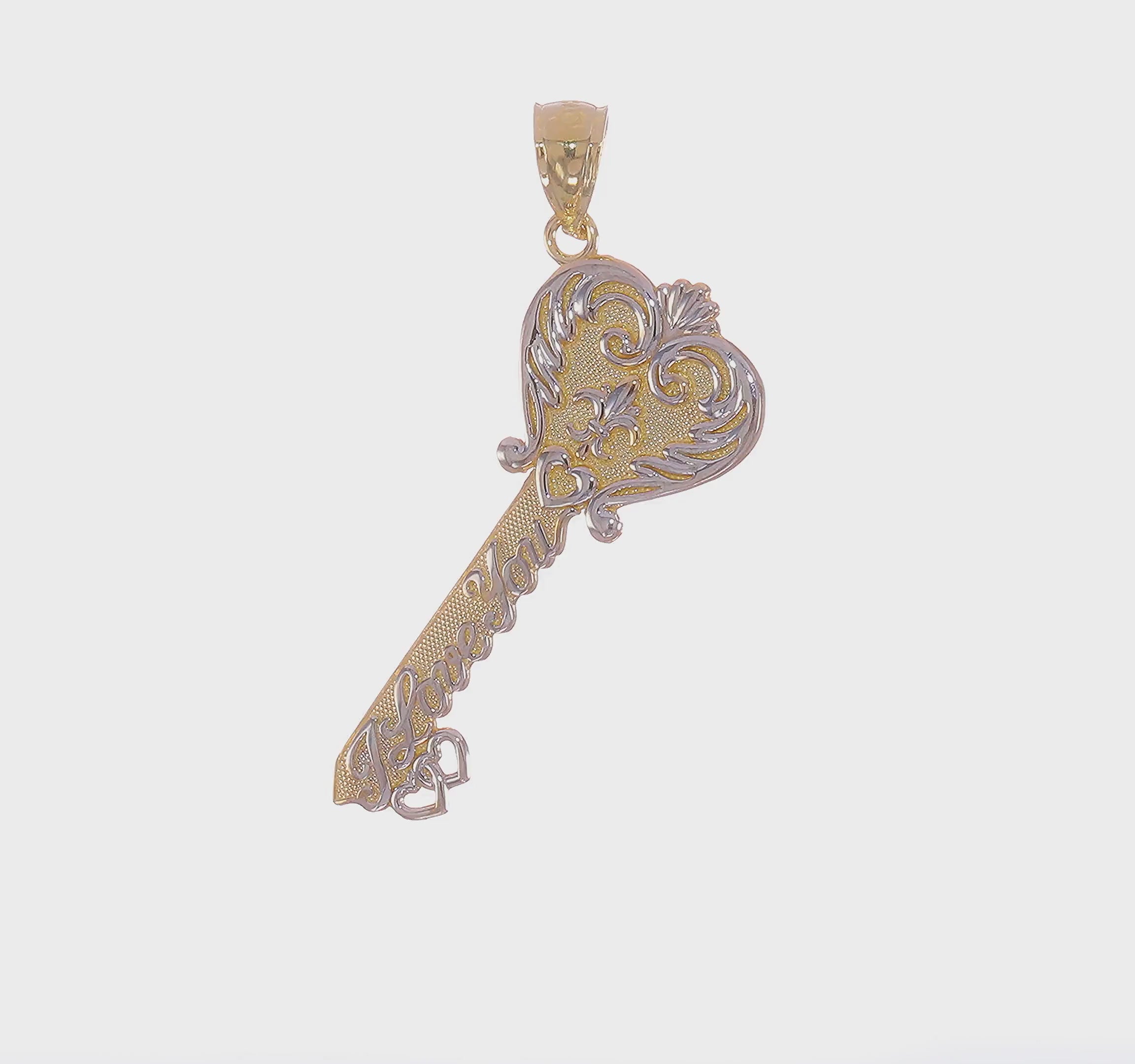 14kt Yellow Gold White Rhodium Polished I LOVE YOU Filigree Heart Key Charm