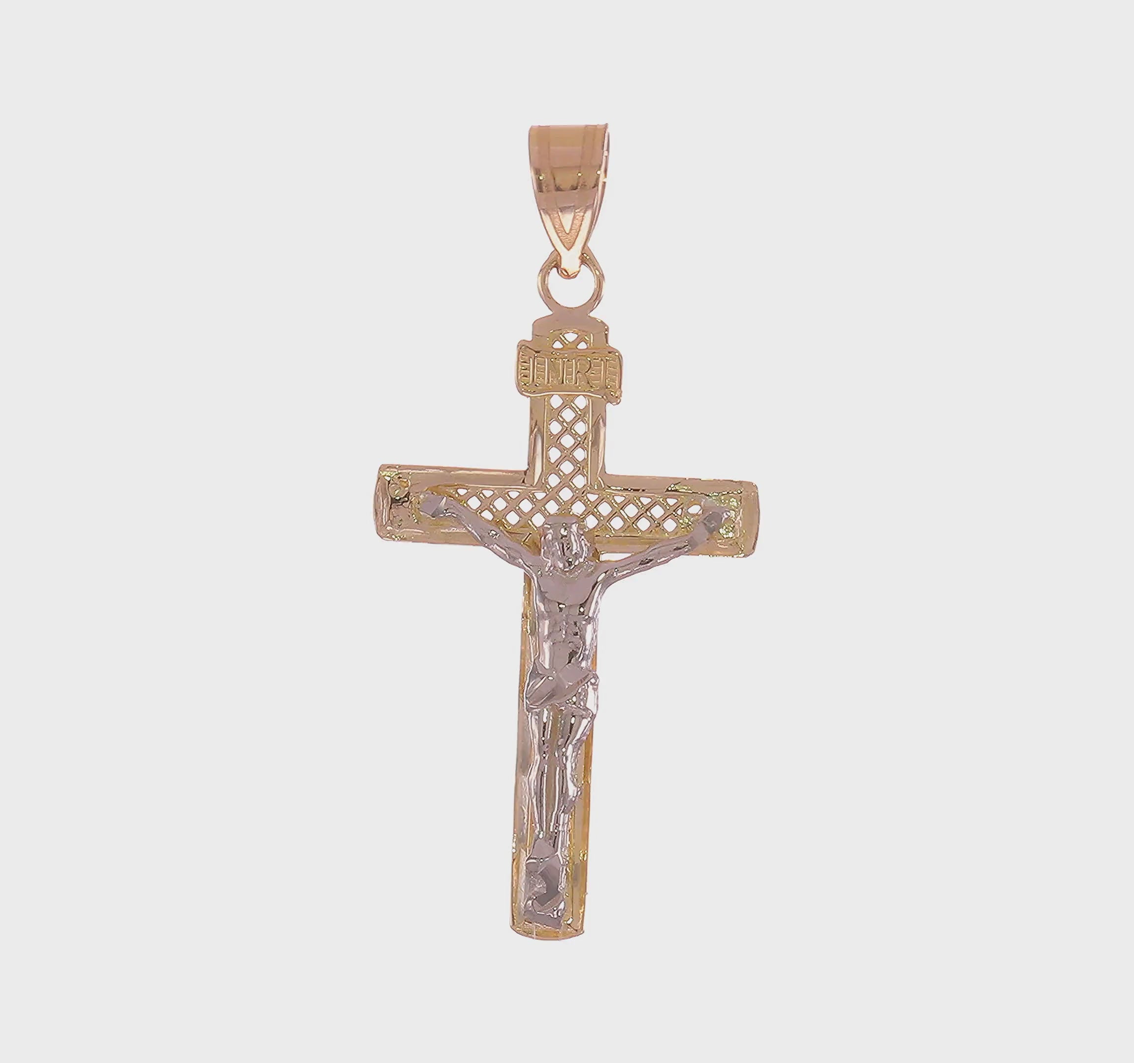 14KT Two-tone Diamond-cut Lattice Cross w/Crucifix Pendant