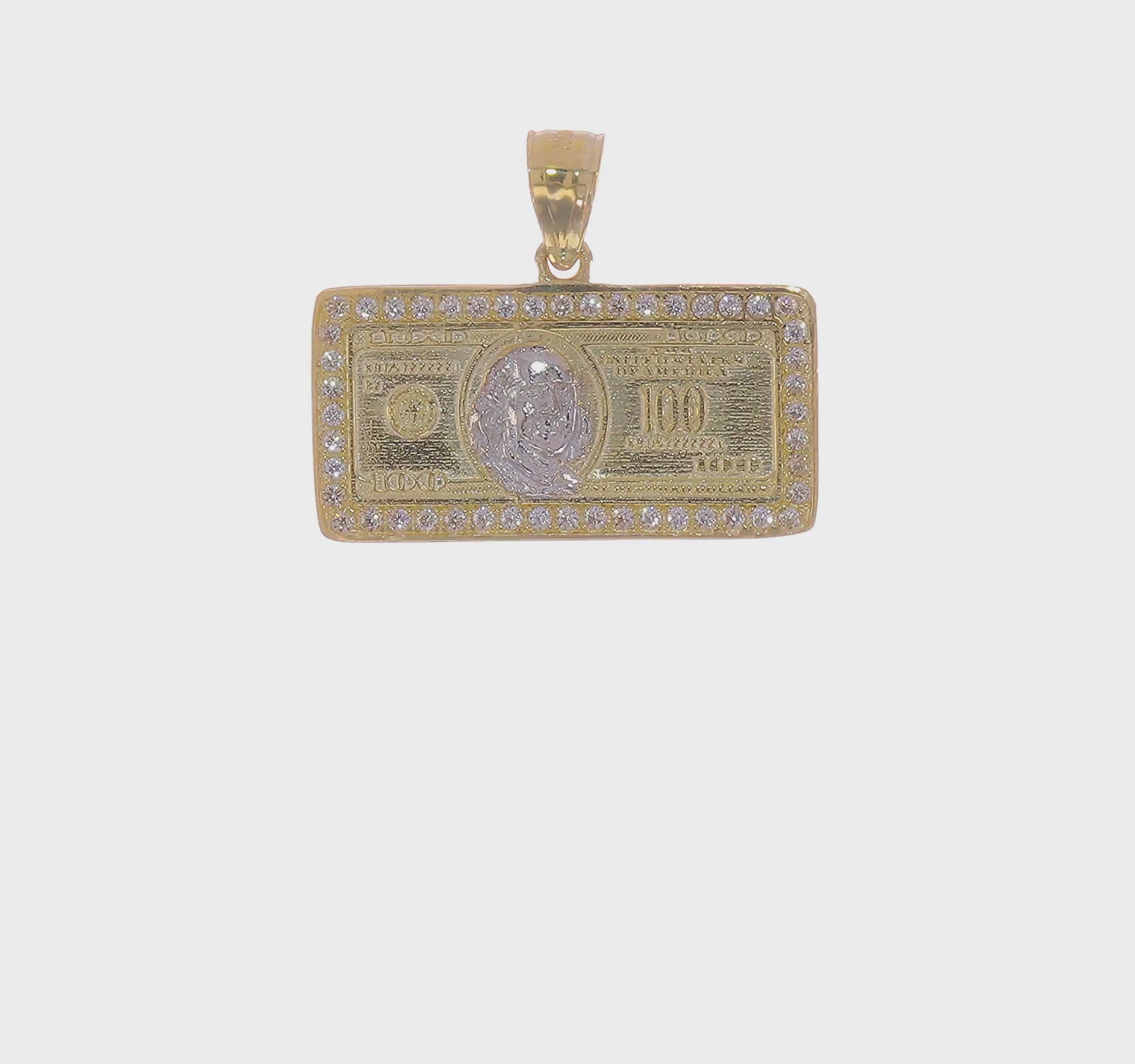 10kt Yellow Gold w/Rhodium CZ Micropave 100 Dollar Bill Pendant