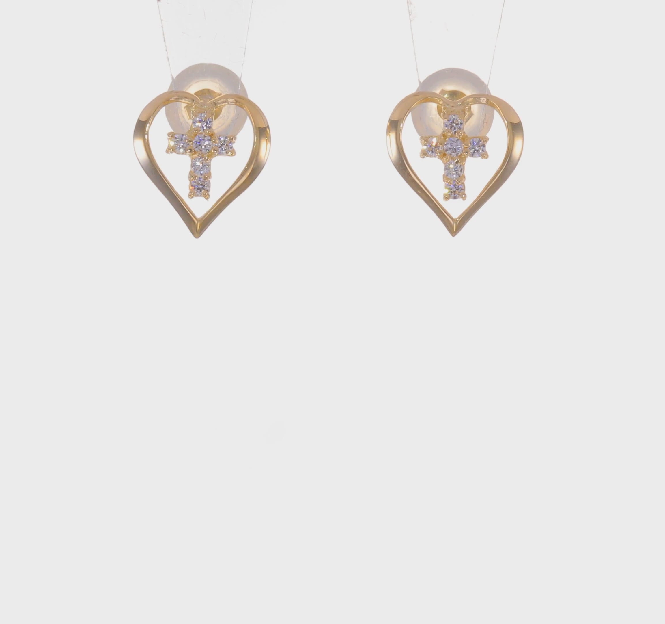 14kt Yellow Gold Madi K CZ Children's Heart Cross Post Earrings
