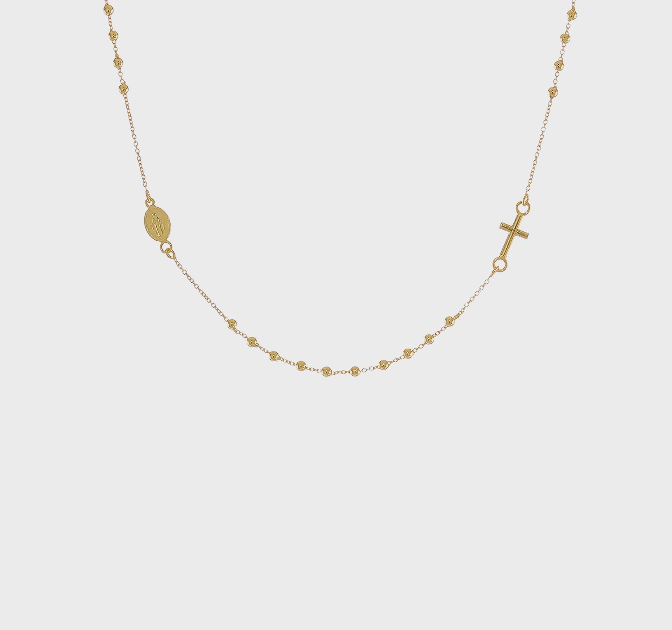 14kt Yellow Gold Polished Cross Rosary 16 inch Necklace
