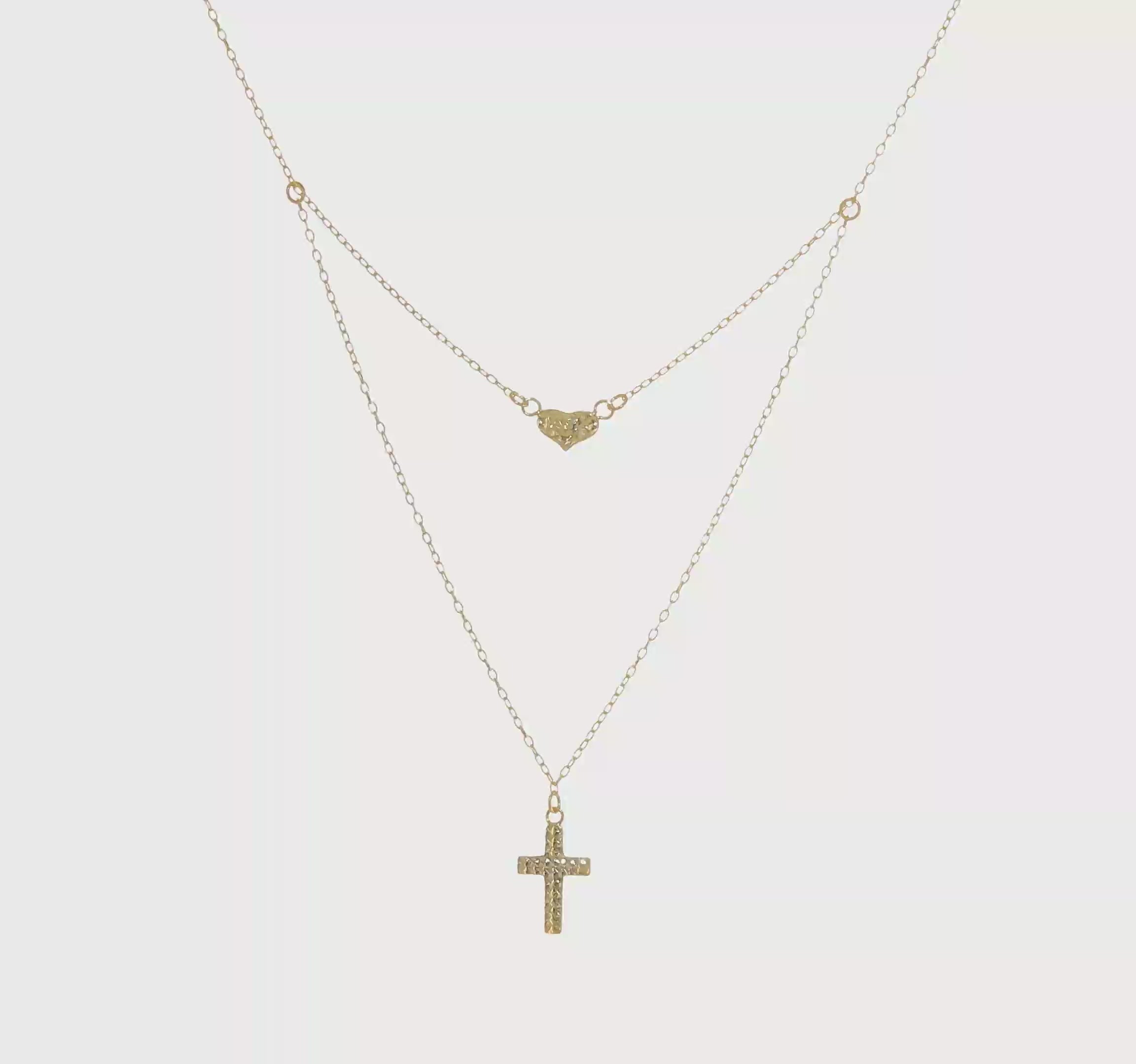 14kt Yellow Gold Polished 2-Strand D/C Cross & Heart w/2in. Ext. Necklace