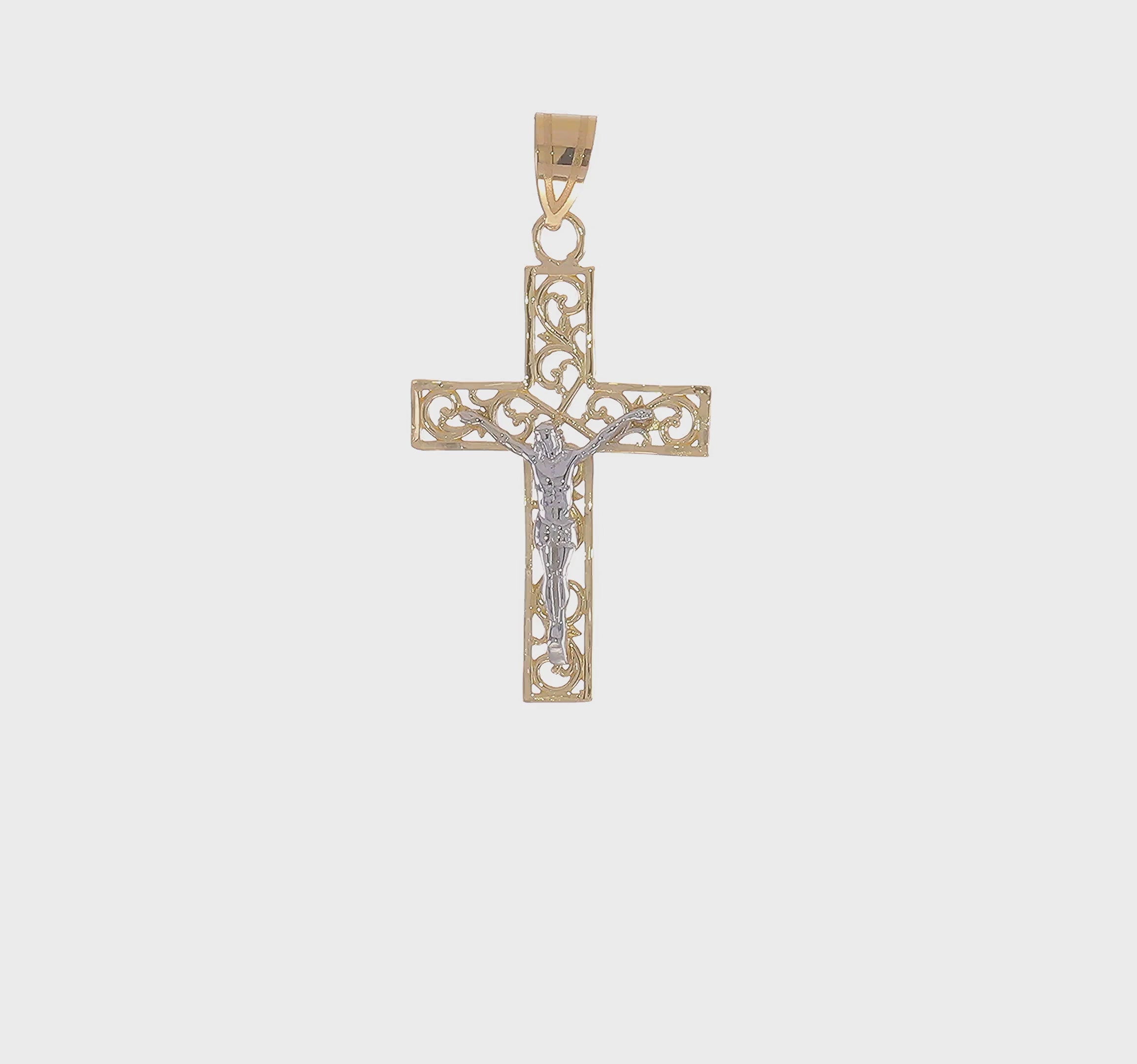 14KT Two-Tone D/C Small Block Filigree Crucifix Pendant