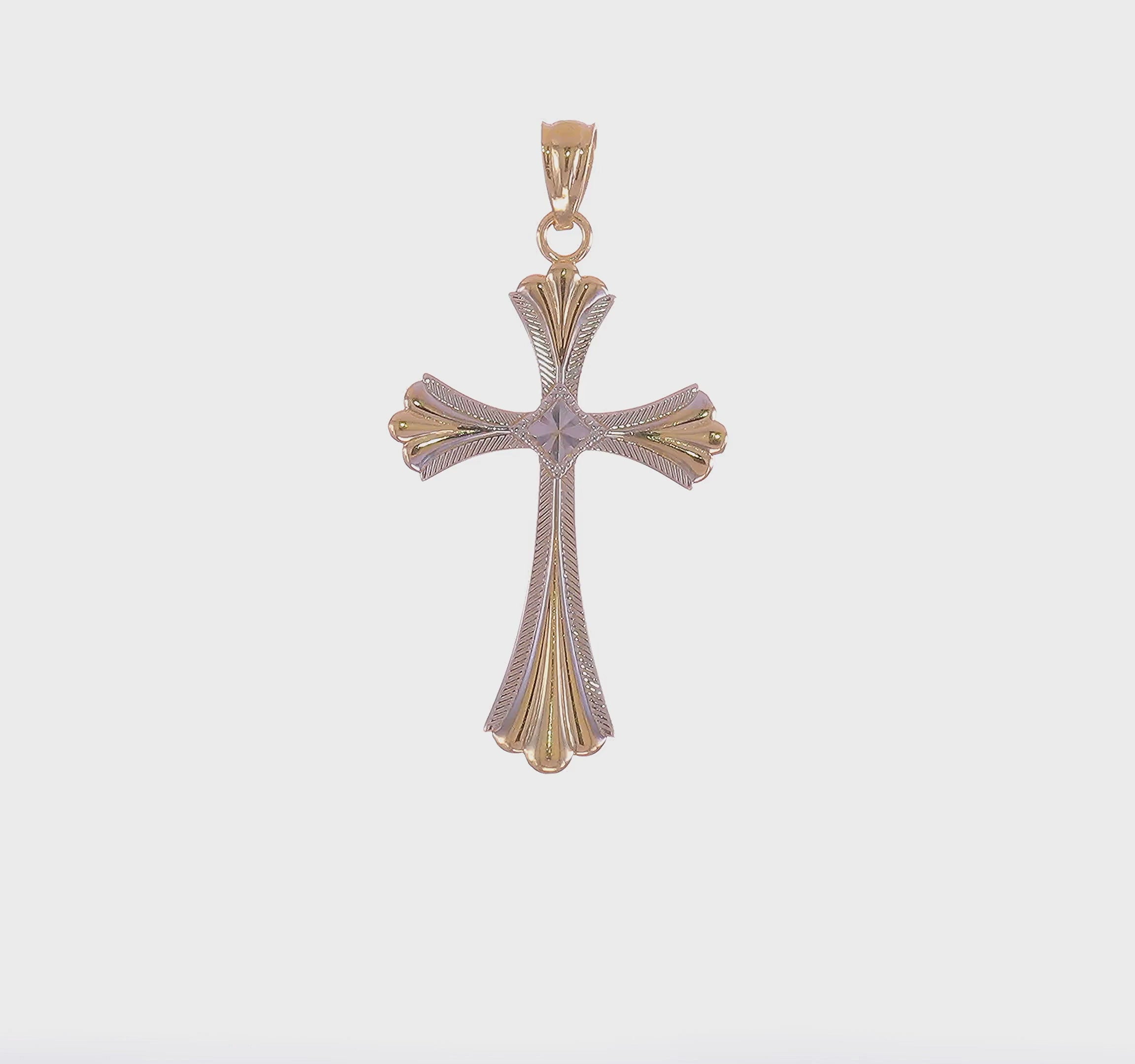 14kt Yellow Gold Diamond-Cut Rhodium Budded Cross Pendant