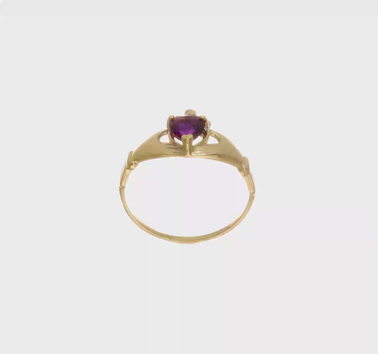 10kt Yellow Gold CZ February Birthstone Claddagh Heart Ring