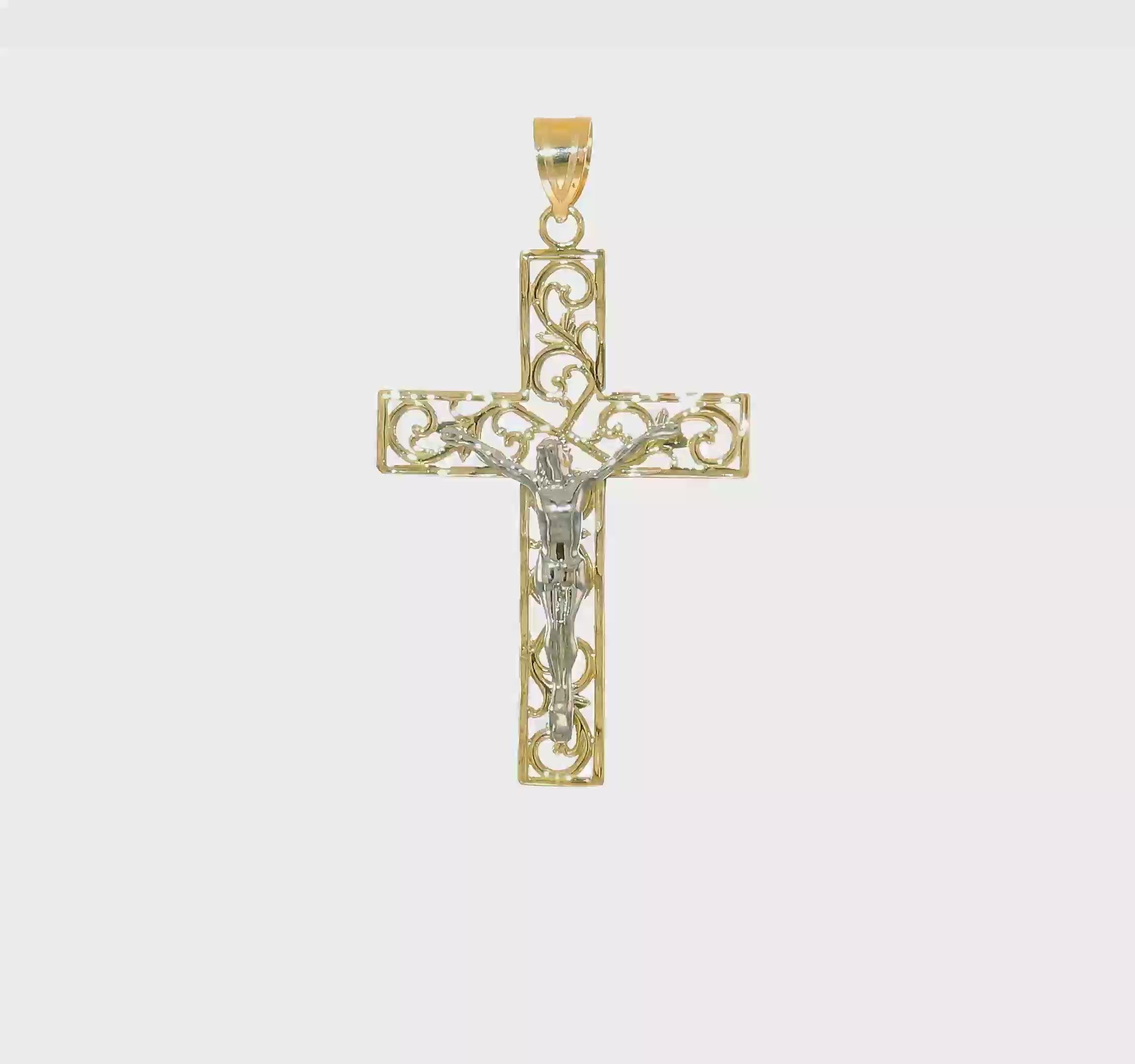10KT Yellow Gold Two-tone D/C Large Block Filigree Cross w/Crucifix Pendant