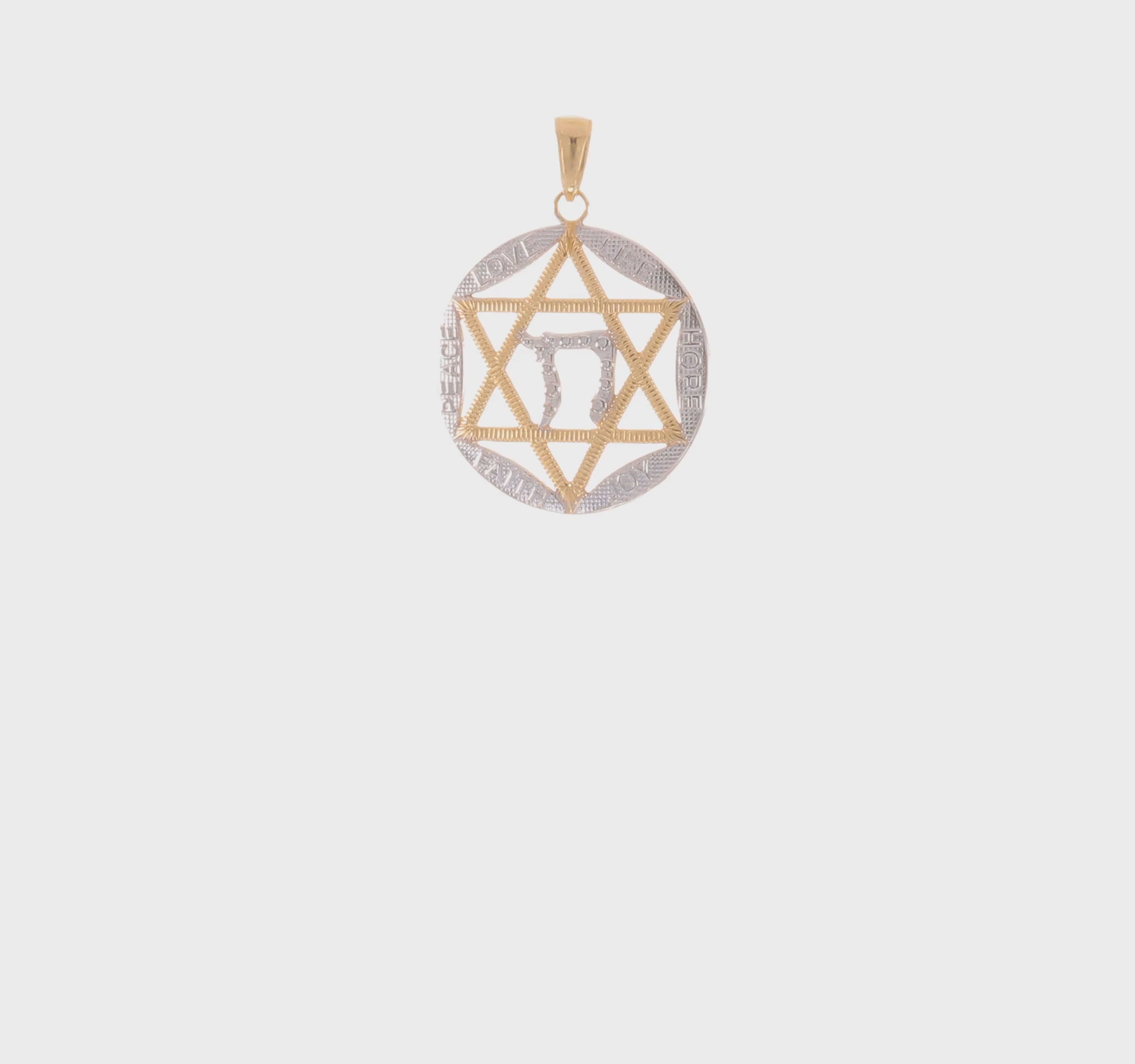 14kt w/Rhodium Polished Star of David w/Chai Round Pendant