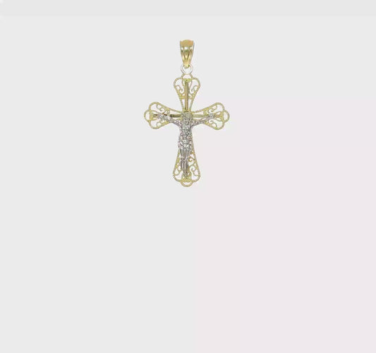 10kt Yellow Gold w/ Rhodium Filigree Crucifix Pendant