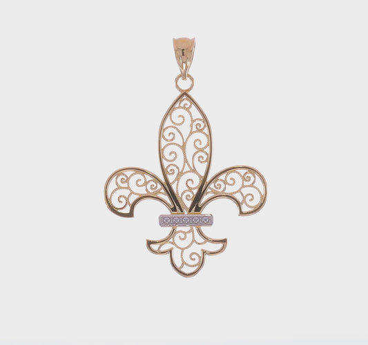 14kt Yellow Gold and Rhodium Filigree Fleur de Lis Pendant