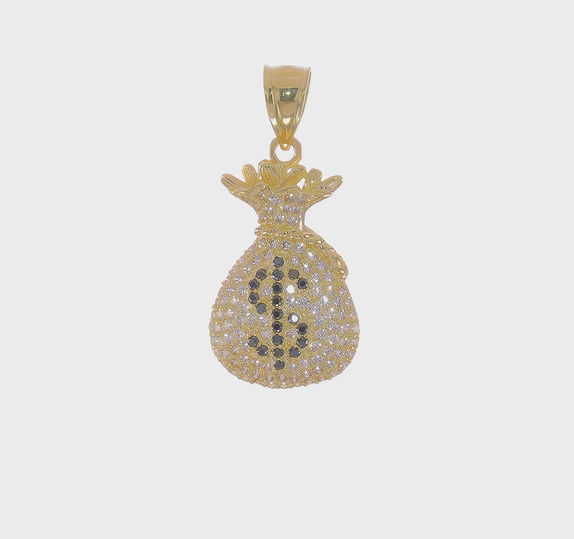 10KT Yellow Gold Black and Clear CZ Micro Pave Money Bag Pendant