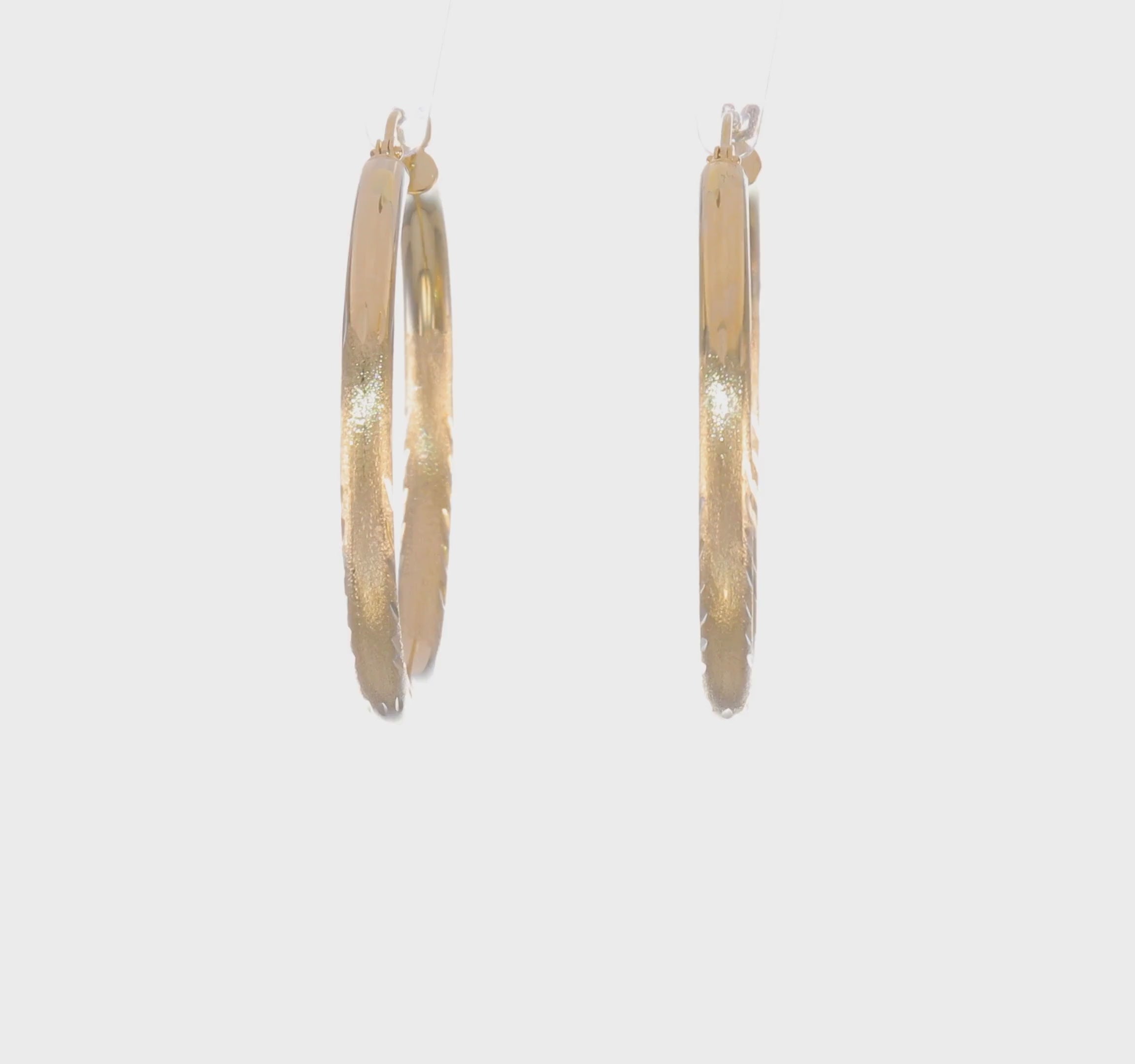 14kt Yellow Gold Satin and Diamond-cut 3mm Round Hoop Earrings