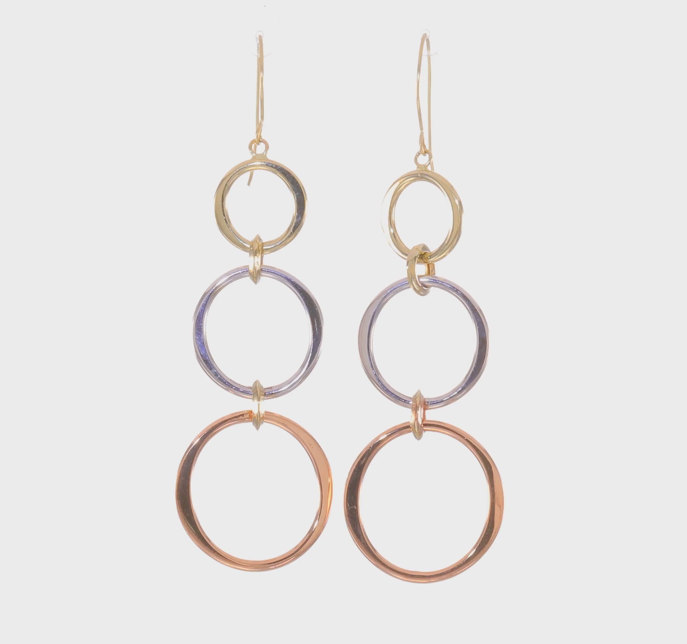 14kt Tri-color Triple Circle Dangle Earrings